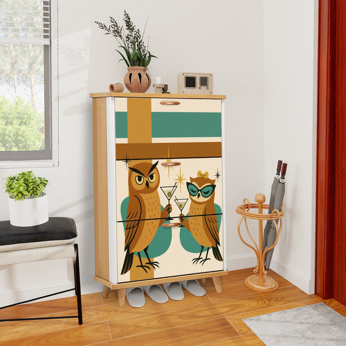 Mid Century Modern 70s Owls Kitschy Martini Time Shoe Cabinet - Mid Century Modern Gal