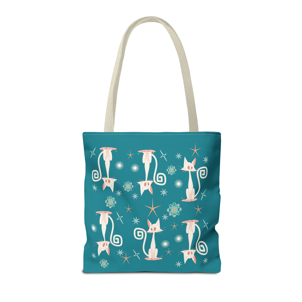 Atomic Kitties tote bag featuring white kitschy cats on a teal background with coral accents, perfect for mid-century modern enthusiasts.