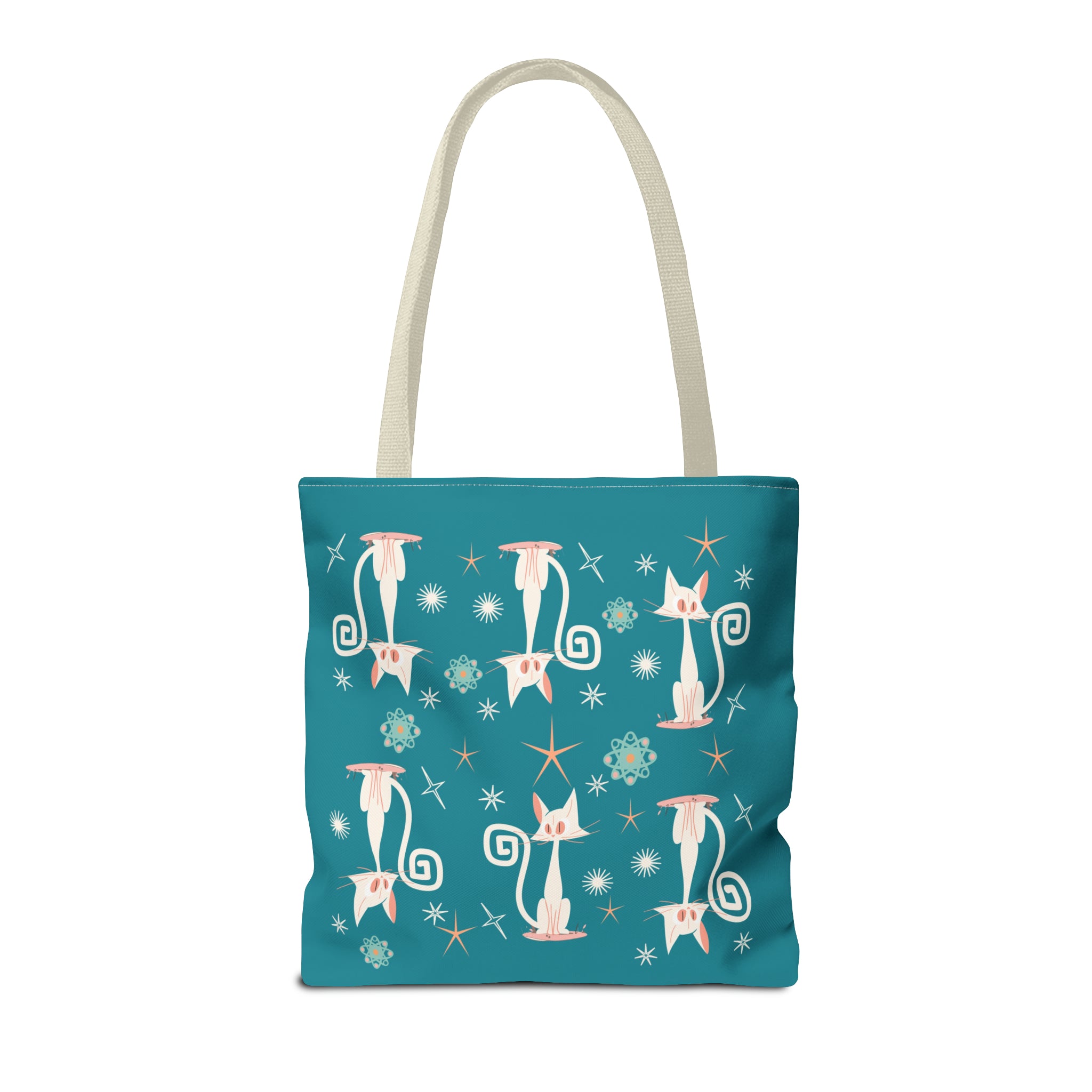 Atomic Kitties, White Kitschy Cats, Coral, Teal, Atomic Age Mid Century Modern Tote Bag