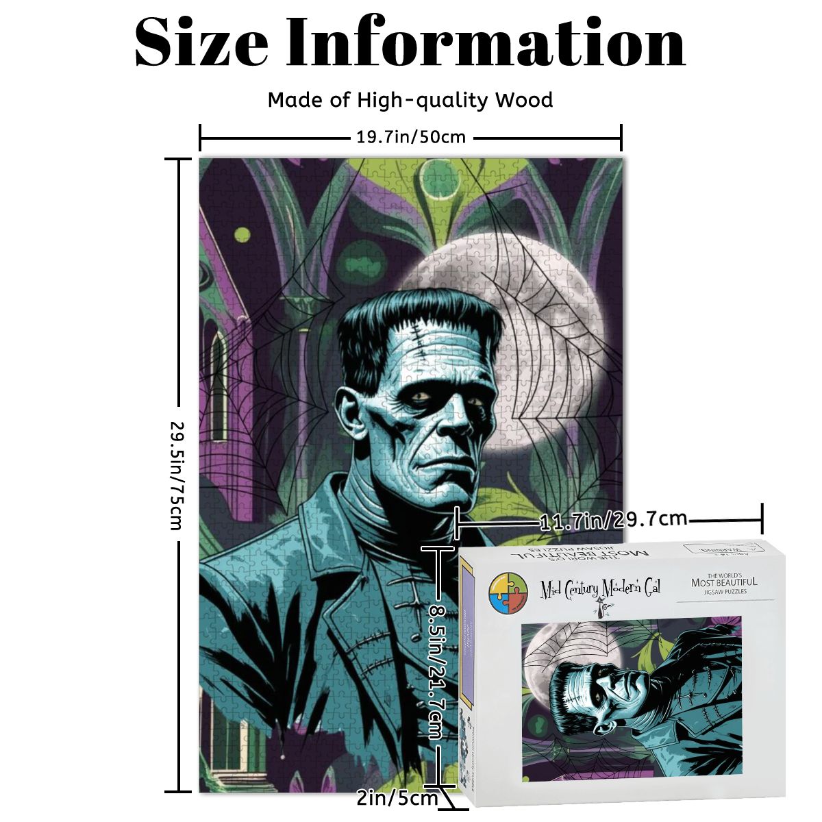Retro Gothic Frankenstein Mid Mod Spooky Horror Wooden Jigsaw Puzzle - Mid Century Modern Gal