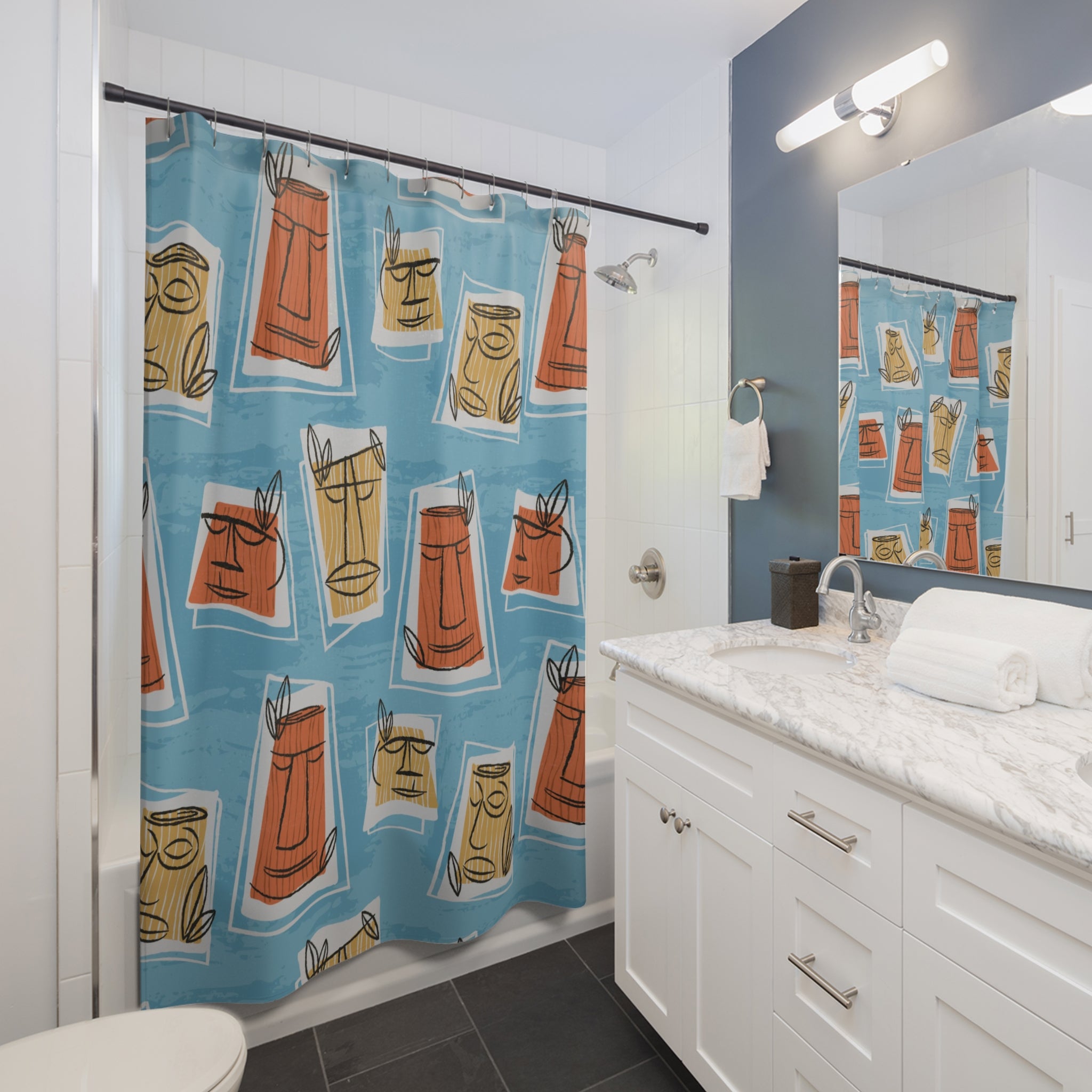 Mid Century Modern Tiki Man, Retro Blue, Yellow, Terracotta Shower Curtain - Mid Century Modern Gal