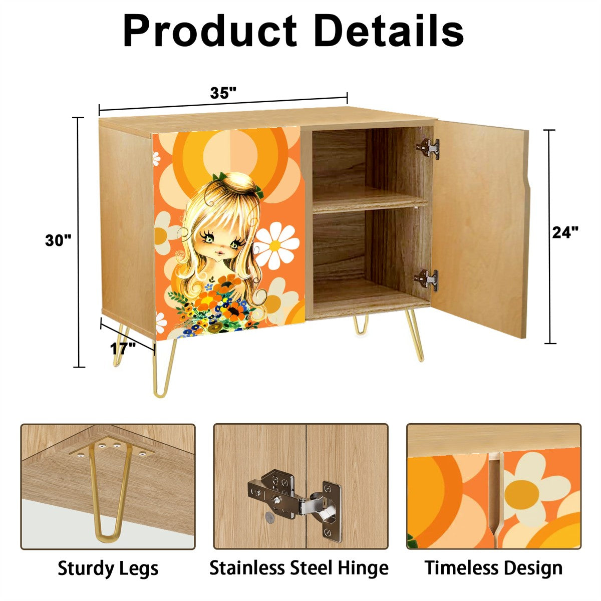 70s Flower Power Big Eyed Girl Retro Mod Orange Floral Wooden Storage Cabinet - Mid Century Modern Gal