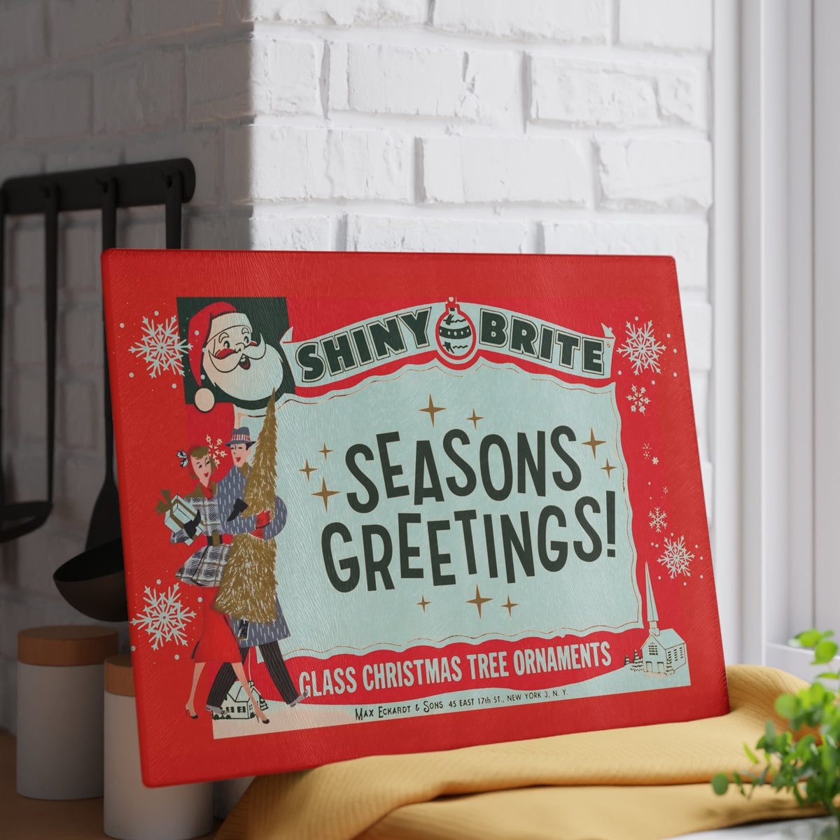 Shiny Brite 50s Mid Century Modern Kitschy Christmas Cheese Board, Holiday Entertaining Glass Cutting Board - Mid Century Modern Gal