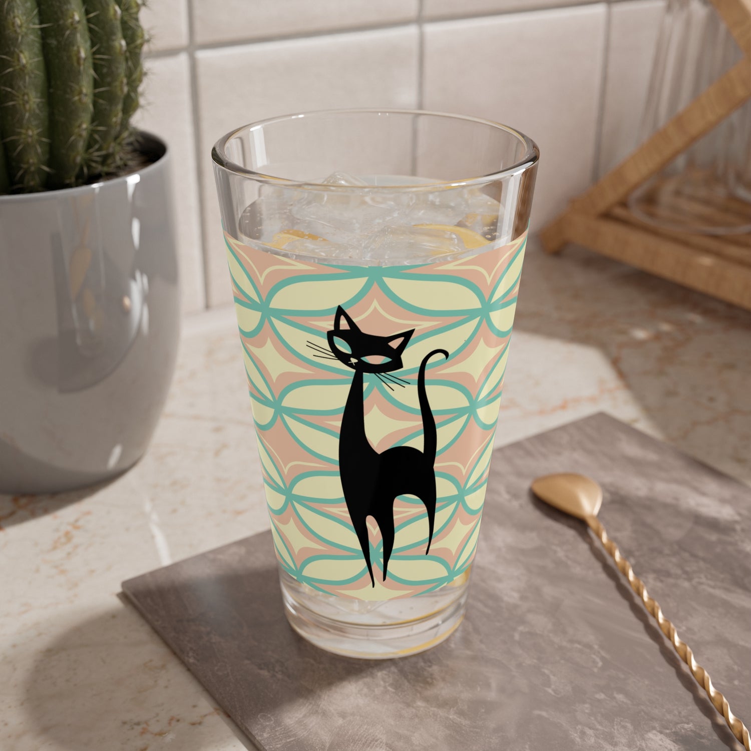 Atomic Cat Mid Century Modern Pink, Mint, Mid Century Modern Barware - Mid Century Modern Gal