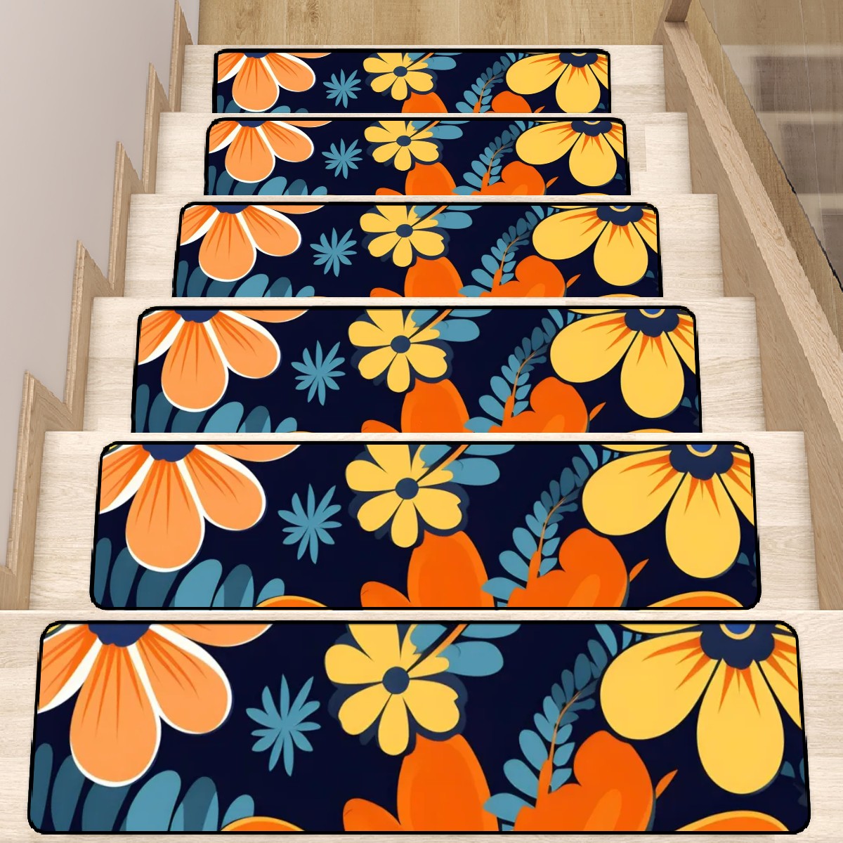 Retro Boho Floral Blue, Yellow Orange Modern Non Slip Carpet for Stairs Treads - Mid Century Modern Gal