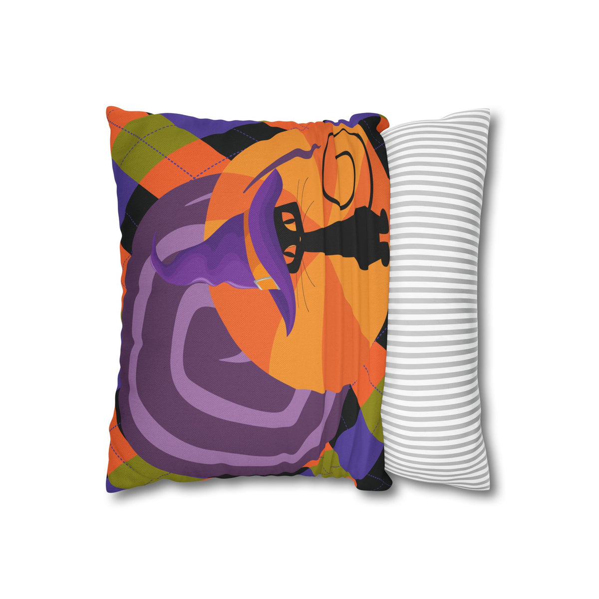 Atomic Cat Harlequin Pattern Orange Purple Black, Kitschy Halloween Pillow Cover - Mid Century Modern Gal