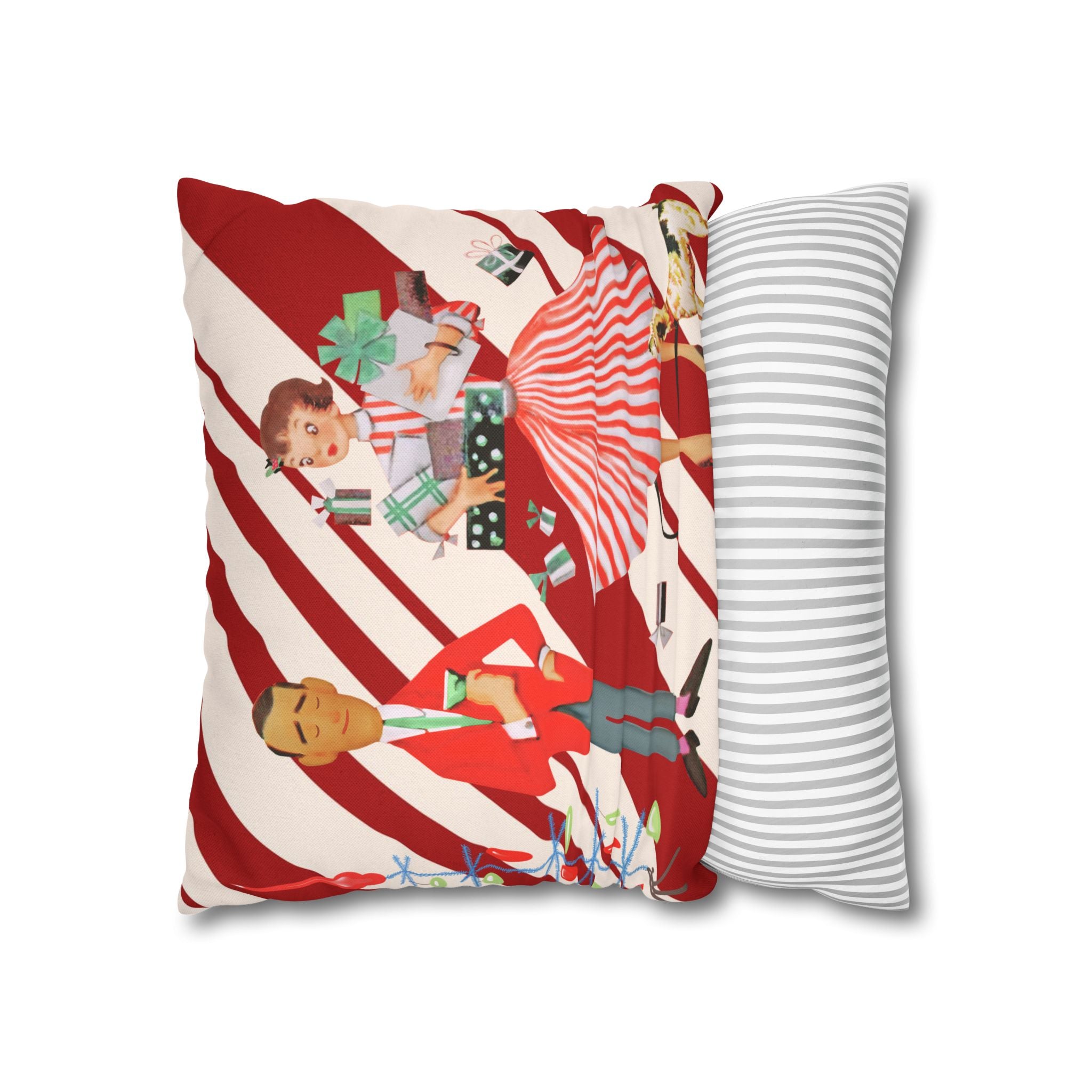 Retro Vintage Christmas Pillow Cover, Red And White Candy Cane Striped, Mid Century Modern Christmas Card Kitschy Holiday Throw - Mid Century Modern Gal