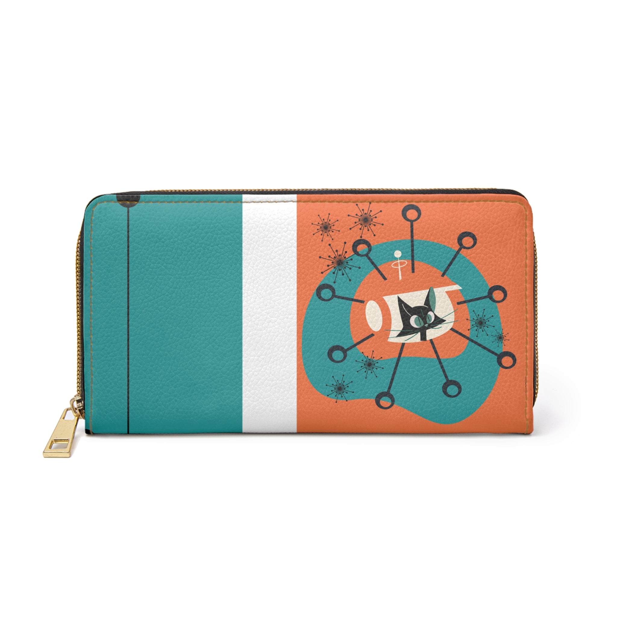 Atomic Cat Orange, Teal Space Age Kitschy Fun Zipper Wallet - Mid Century Modern Gal