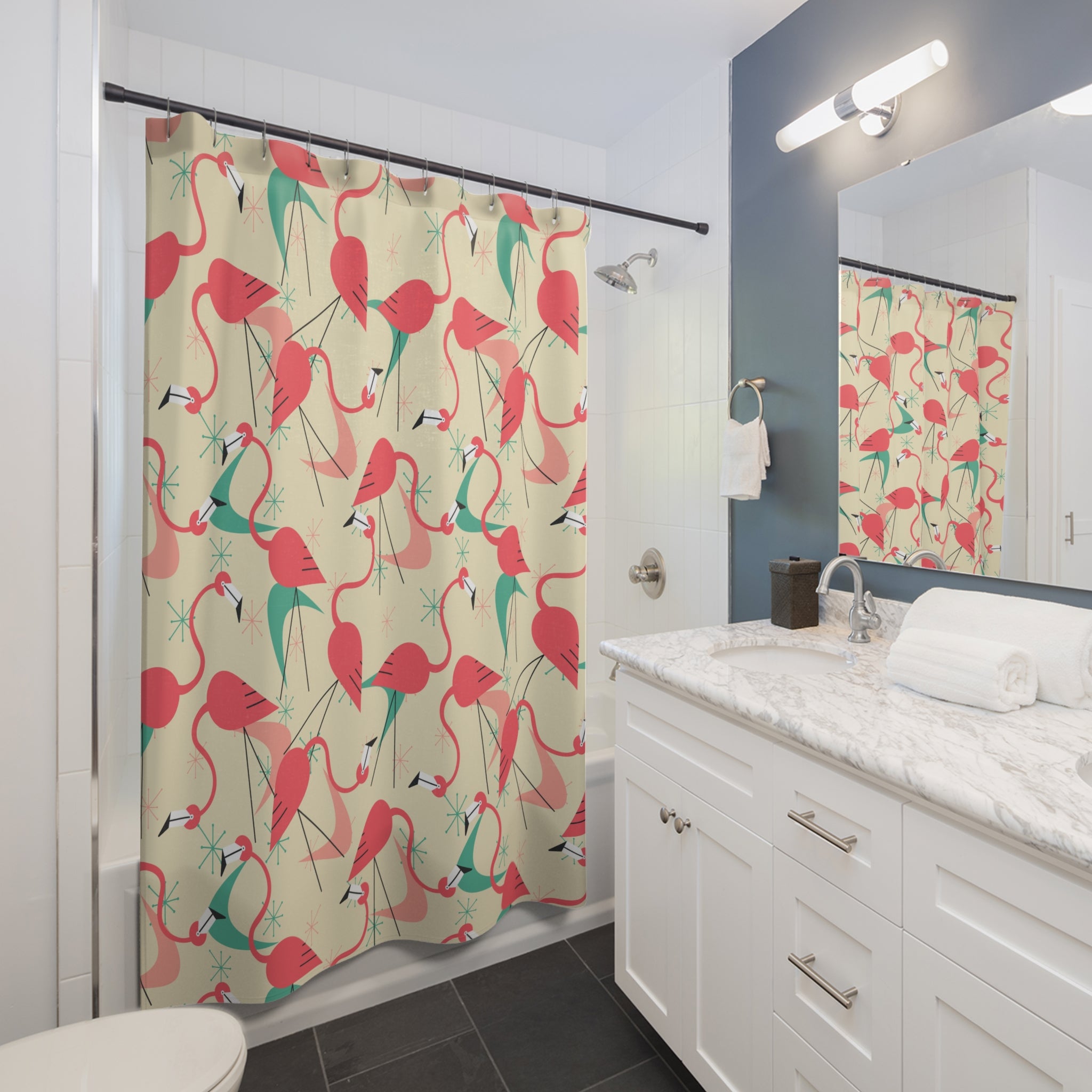 Palm Springs California Kitschy Mod Tropical Flamingo Shower Curtain Retro Summer Vibes - Mid Century Modern Gal