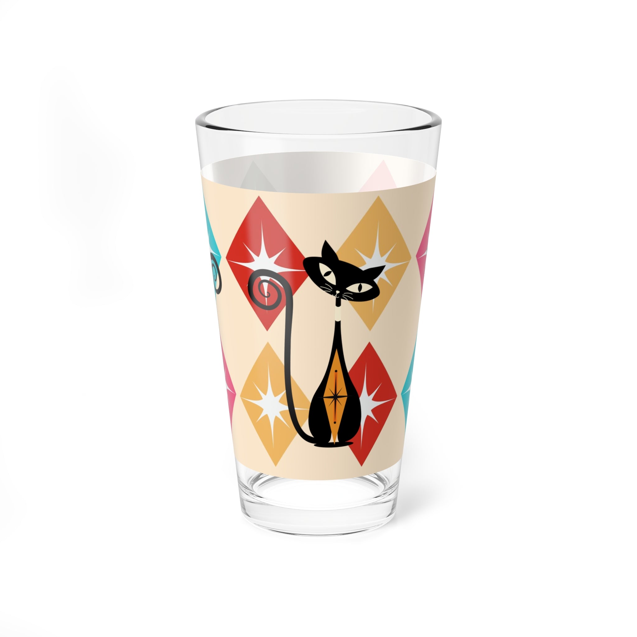 Atomic Cat Kitschy Mod Pint Glass, Harlequin Diamonds, Starburst Mid Century Modern Barcart Barware Mixing Glass, 16oz - Mid Century Modern Gal