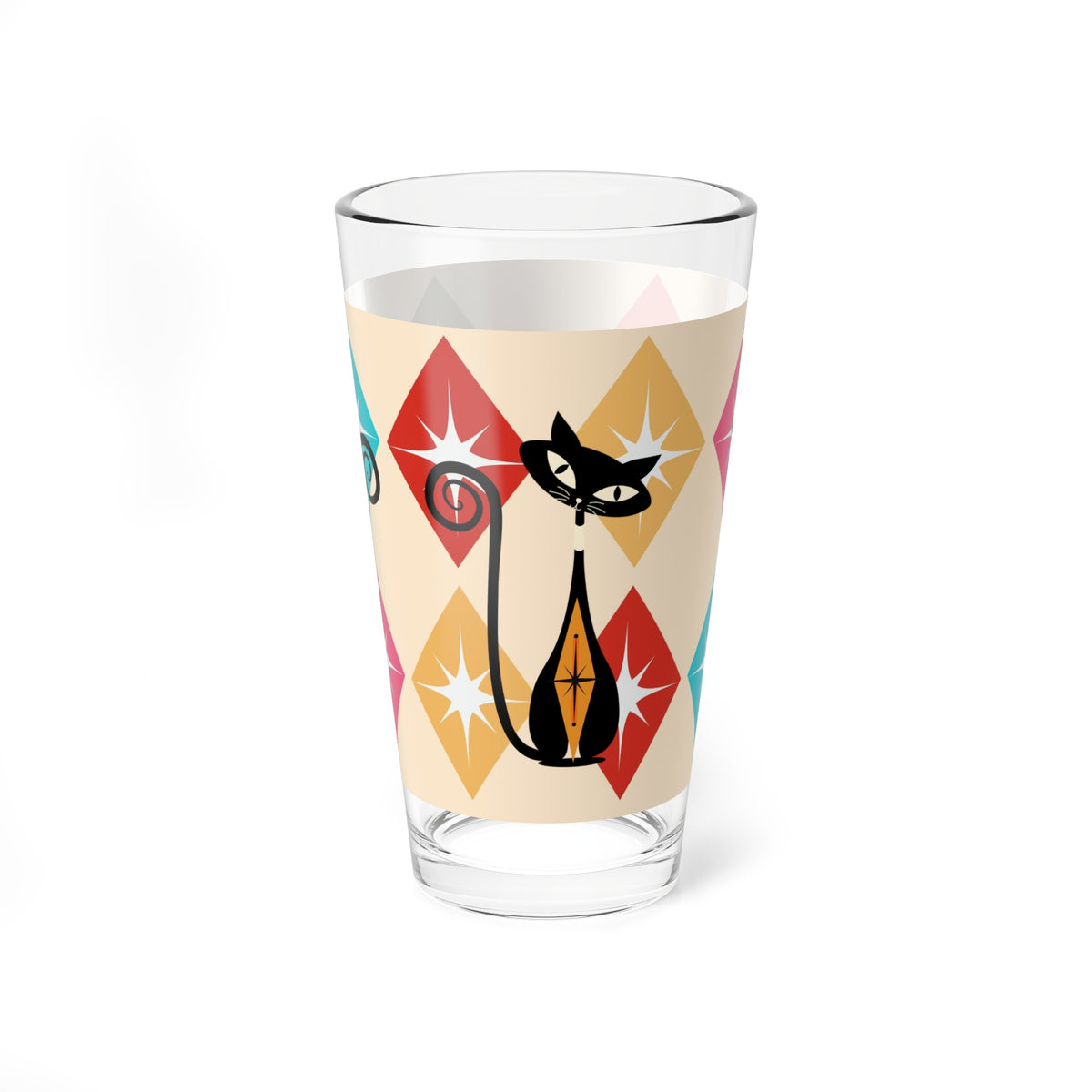 Atomic Cat Kitschy Mod Pint Glass, Harlequin Diamonds, Starburst Mid Century Modern Barcart Barware Mixing Glass, 16oz - Mid Century Modern Gal