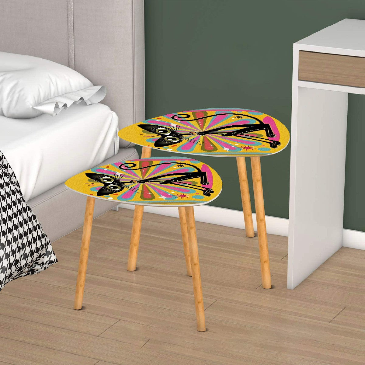 Quirky Space Cat Mid Century Modern Funky Fun Nesting Tables - Mid Century Modern Gal