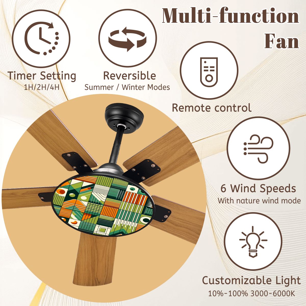 Mid Century Modern Bauhaus Geometric Designed Green, Orange Ceiling Fan With Light - Mid Century Modern Gal