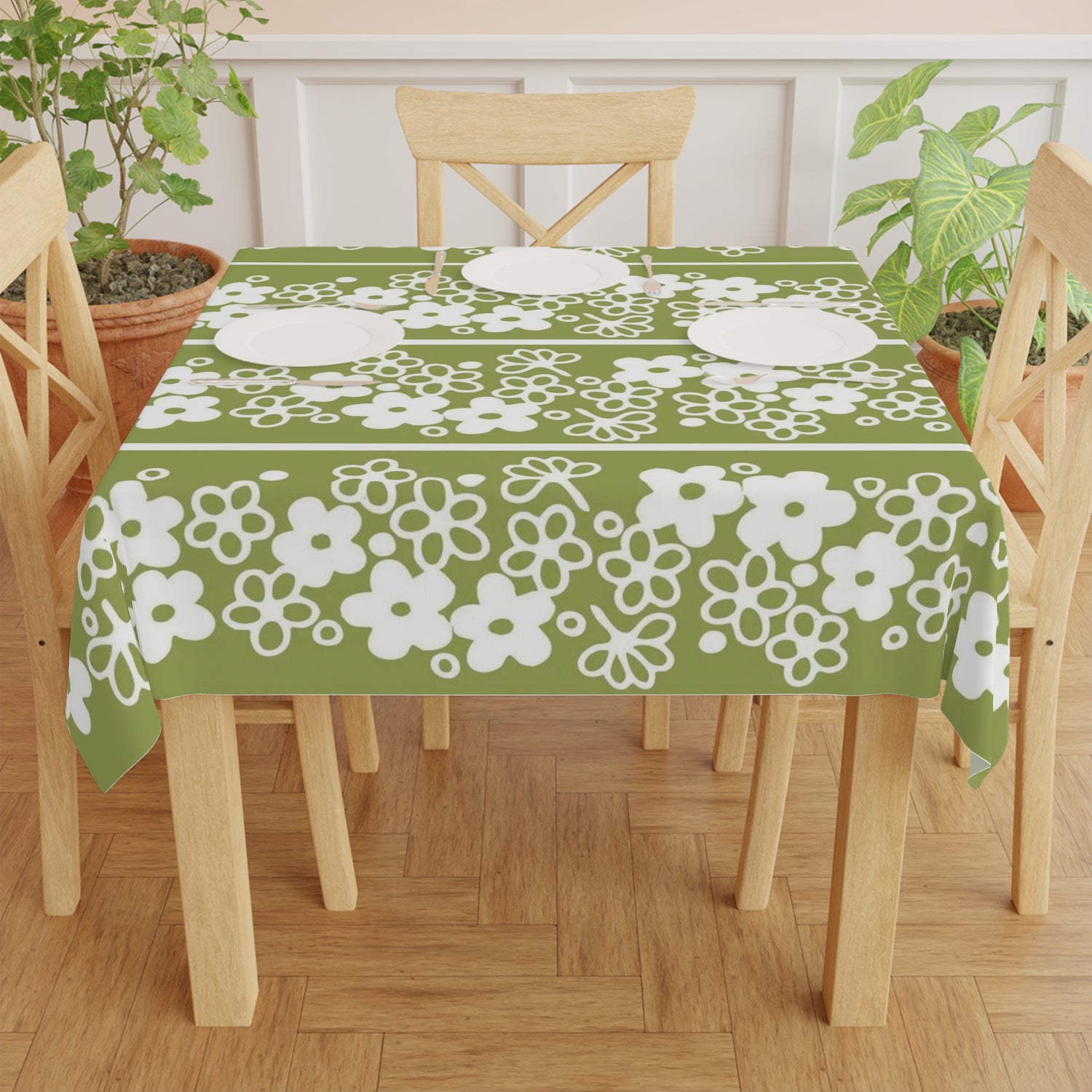 Spring Blossom Pyrex Daisy, Green Retro Tablecloth - Mid Century Modern Gal