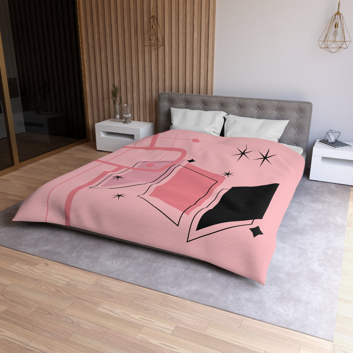 Atomic Pink Mid Century Modern Duvet Cover, Black, Starburst Geometric Retro Room Decor - Mid Century Modern Gal