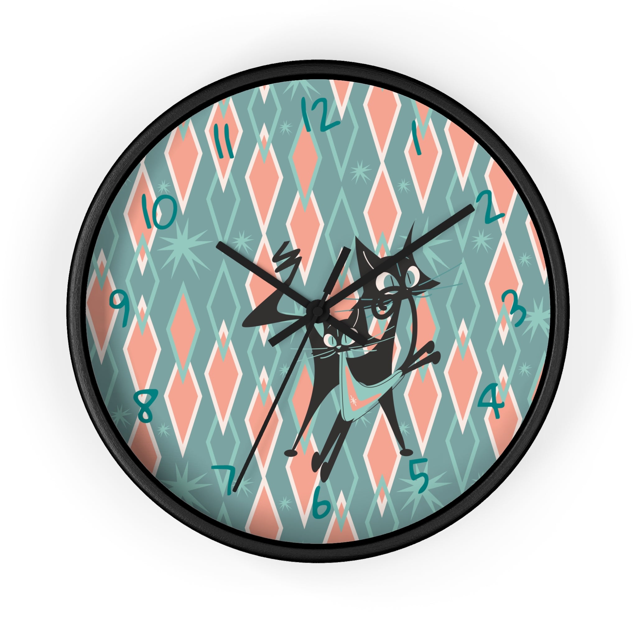 Retro Kitchen Wall Clock For Atomic Cat Black Cat Lovers, Mid Century Modern Designed, Teal, Pink Harlequin Diamond Designed MCM Clock - Mid Century Modern Gal
