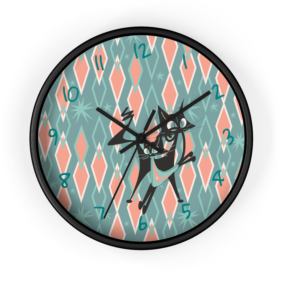 Retro Kitchen Wall Clock For Atomic Cat Black Cat Lovers, Mid Century Modern Designed, Teal, Pink Harlequin Diamond Designed MCM Clock - Mid Century Modern Gal
