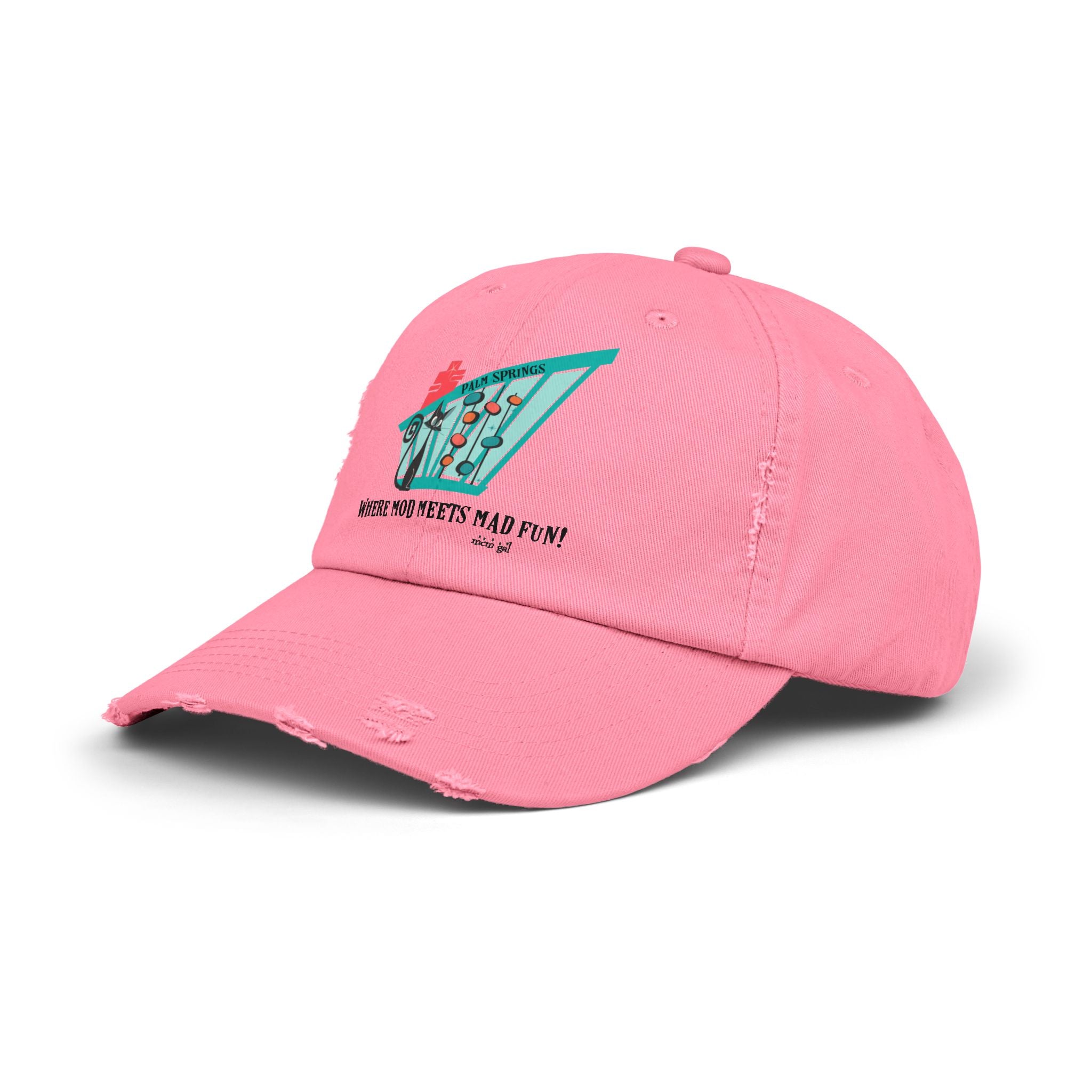 Modernism Week Palm Springs California, Mid Mod Funky Fun Retro Distressed Cap - "Where Mod Meets Mad Fun!" - Mid Century Modern Gal