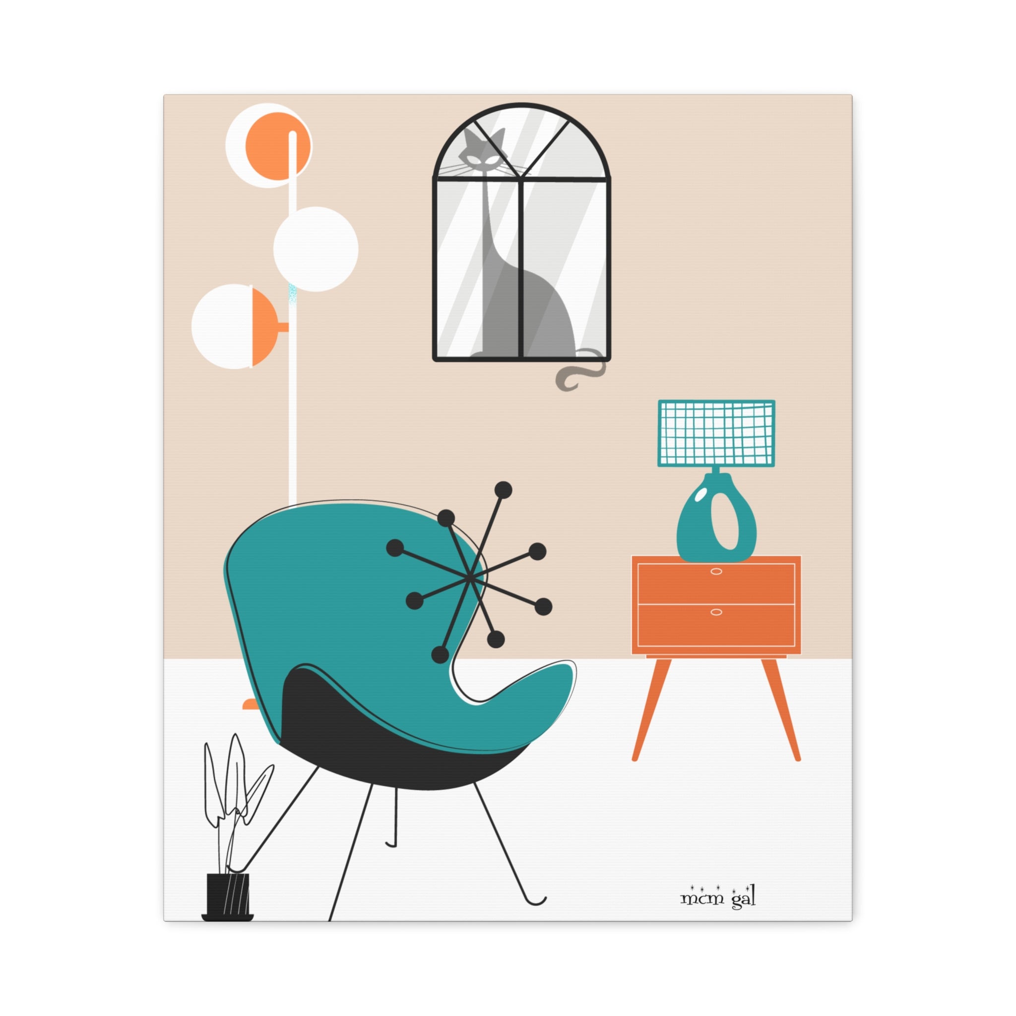 Atomic Cat Wall Art Mid-Century Modern Minimalist Canvas Art Print - Mid Century Modern Gal