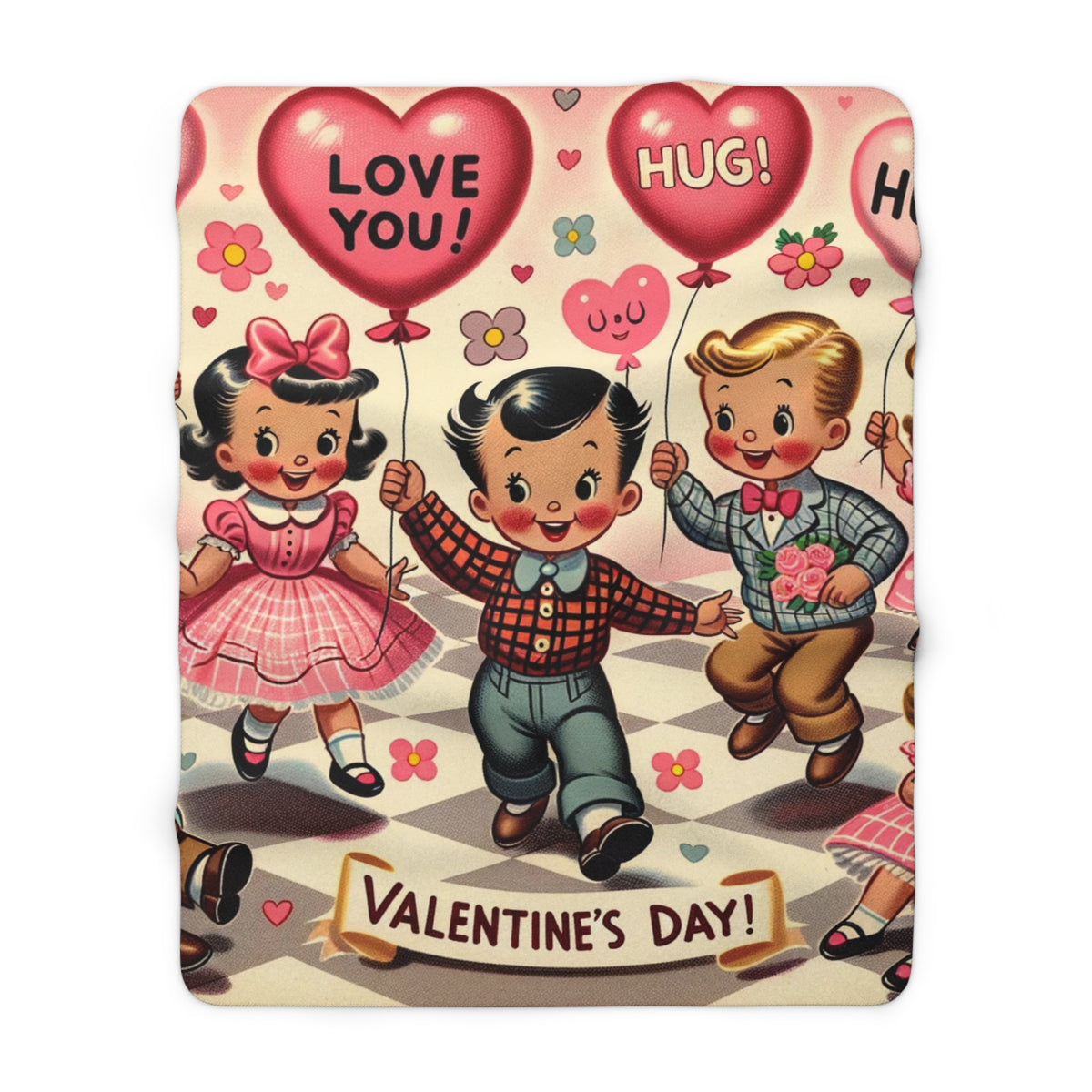 Vintage 50s Valentine's Day Sherpa Fleece Blanket - Love & Hugs Design - Mid Century Modern Gal