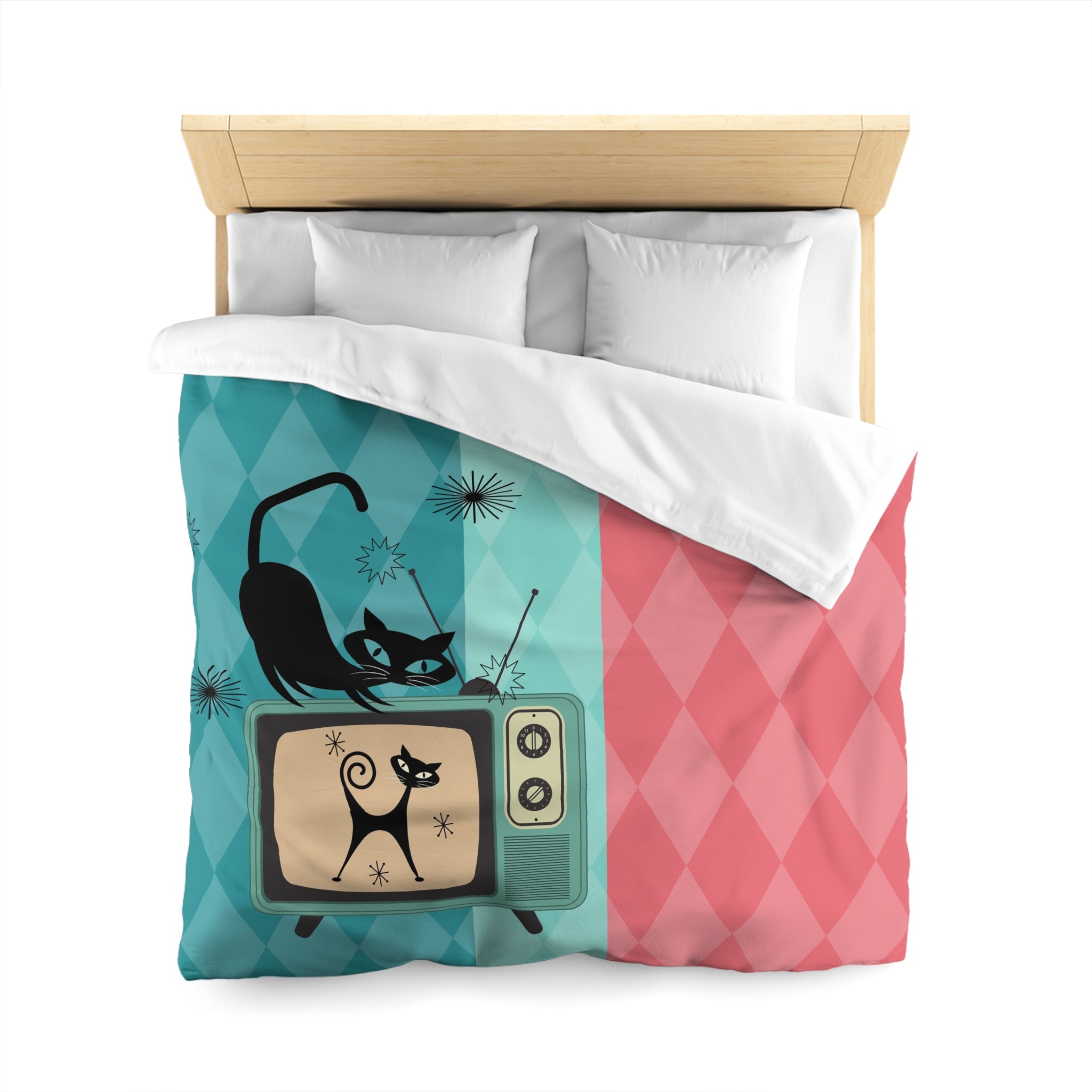 Atomic Kitties, Mid Mod Harlequin Diamond Pattern, Pink, Teal, Light Mint, Retro Mod Duvet Cover - Mid Century Modern Gal