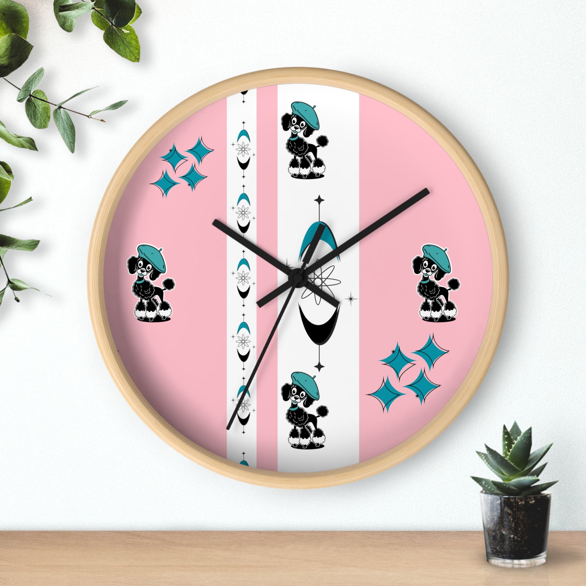 Mid Century Modern Atomic Pink Starburst Wall Clock with Cute Retro Mod Poodle Design - Mid Century Modern Gal