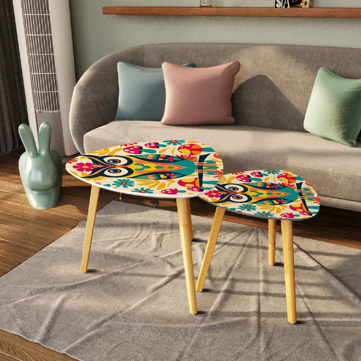 Hippie 70s Retro Owl, Mushoom Flower Power Mid Century Modern Nesting Tables - Mid Century Modern Gal