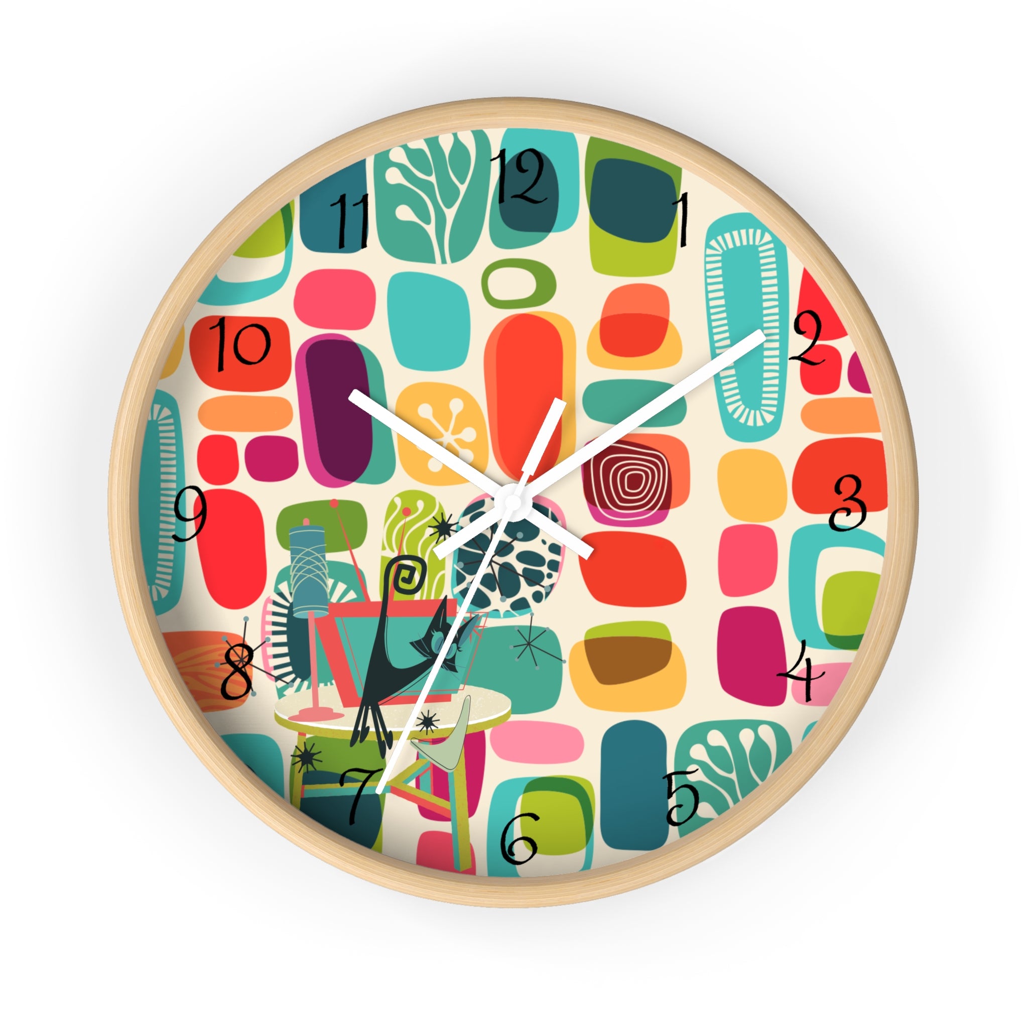 Mid Mod Amoeba Design With Kitschy Atomic Cat, Quirky Fun Retro Wall Clock - Mid Century Modern Gal