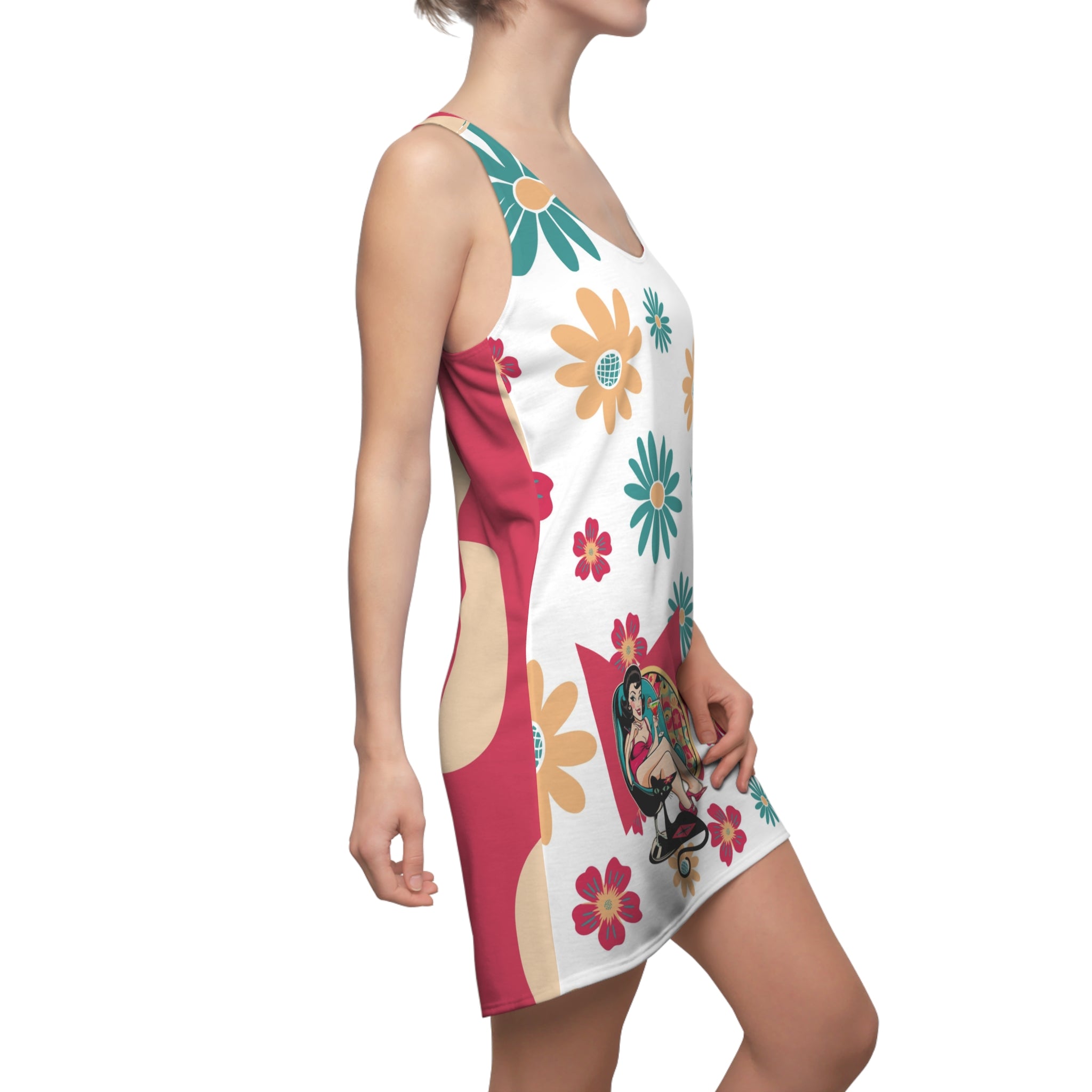 70s Retro Gal Floral Retro Racerback Dress - Casual Summer Outfit for Women - Mid Century Modern Gal