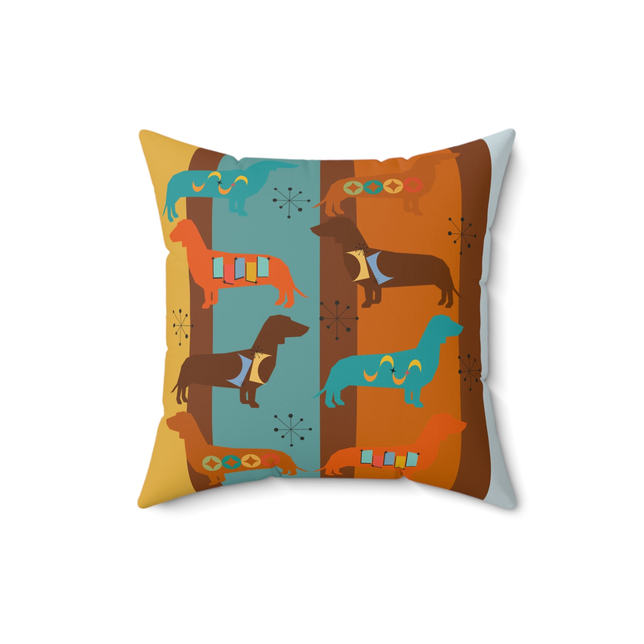 Doxie Dog, Dachshund Lover, Retro Colorful Dog-Themed Square Pillow - Cozy Home Decor - Mid Century Modern Gal