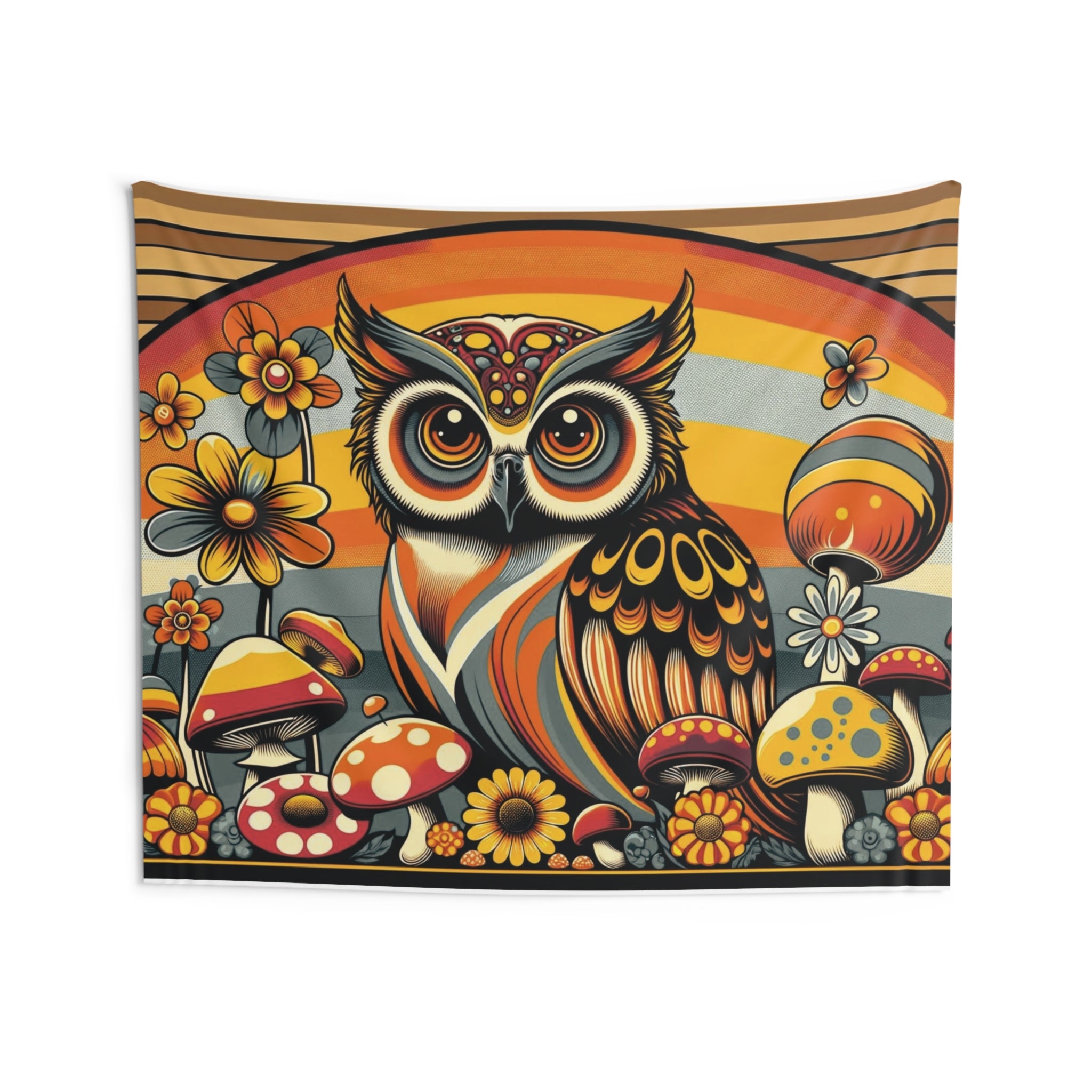 70s Owl Art, Hippie Boho Merry Mushroom, Groovy Brown, Orange, 1970s Home Decor Indoor Wall Tapestries - Mid Century Modern Gal