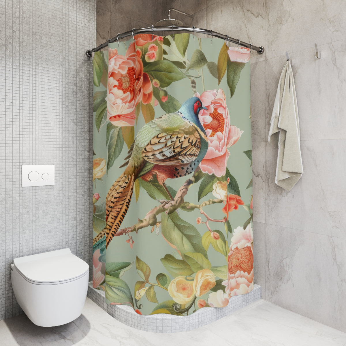 Chinoiserie Designed Shower Curtain Pheasant Floral Garden Botanicals Shower Curtain - Mid Century Modern Gal