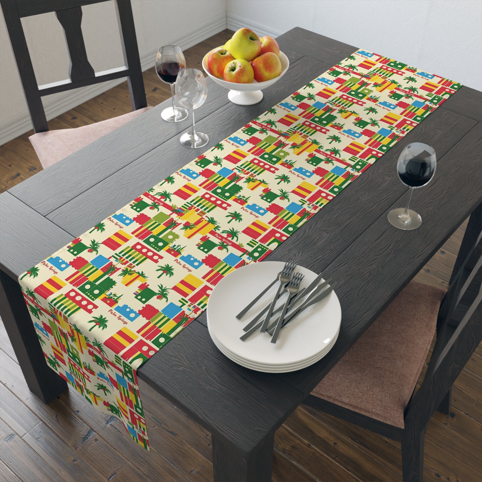 Tropical Palms Spring California Paradise Table Runner - Bright Cotton & Poly Design for Summer Dining - Mid Century Modern Gal