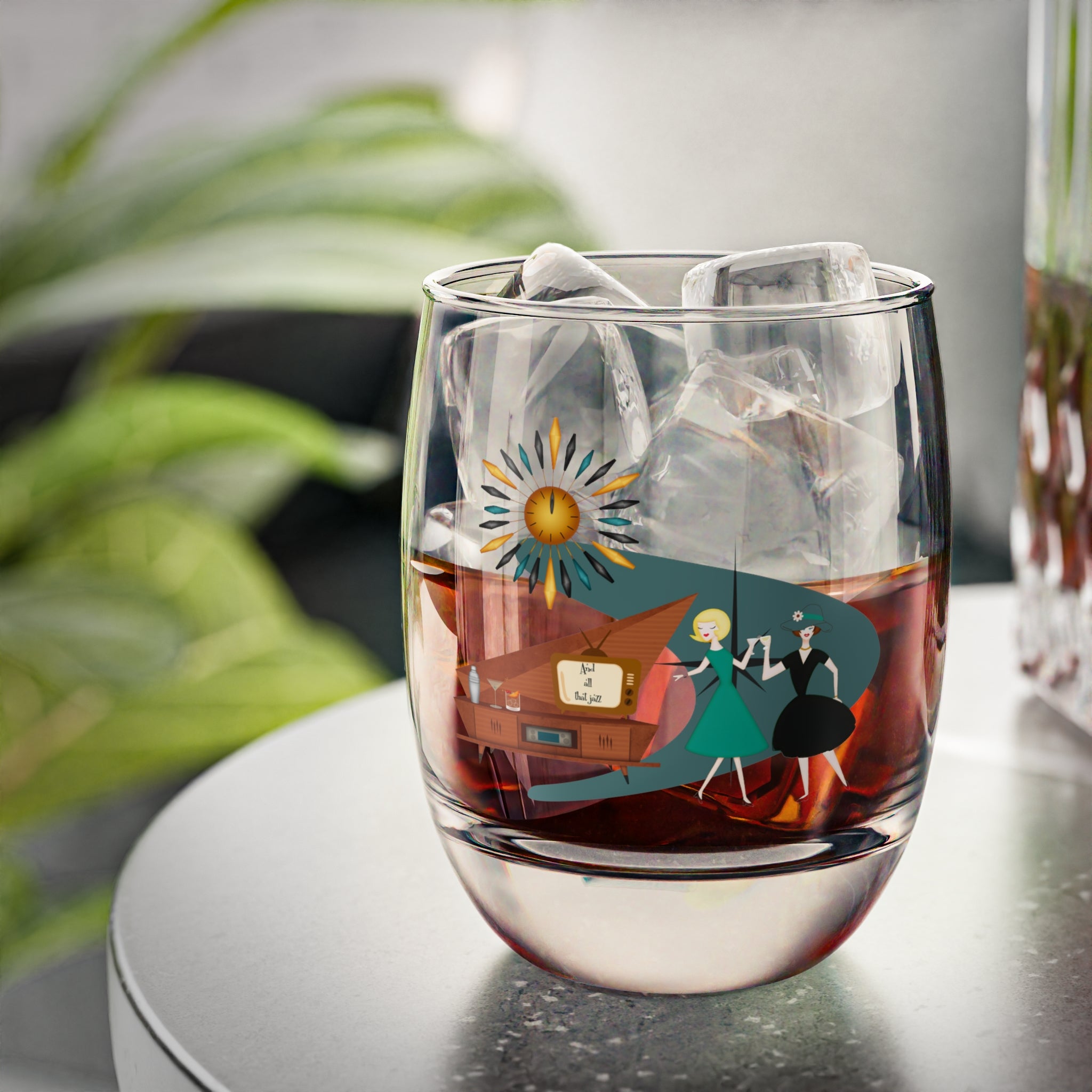 Mid Century Modern Gay Lesbian Couple, Bestie Friends Kitschy Fun Whiskey Glass - Mid Century Modern Gal