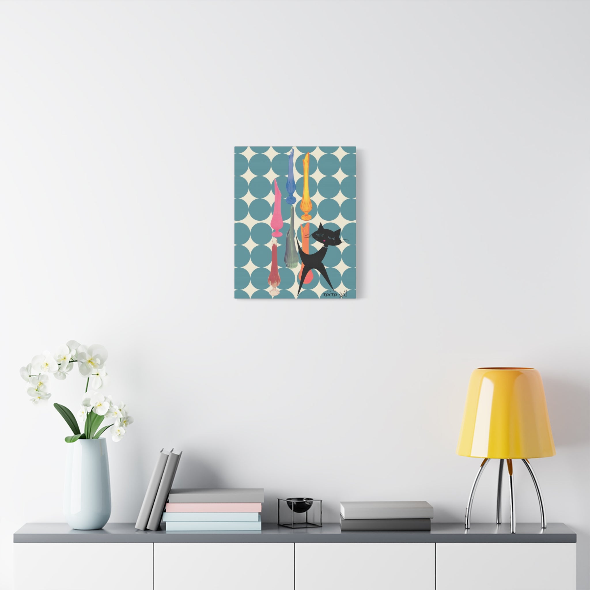 Mid Century Modern Wall Art, MCM Swung Glass Whimsical Cat Artwork Canvas - Mid Century Modern Gal