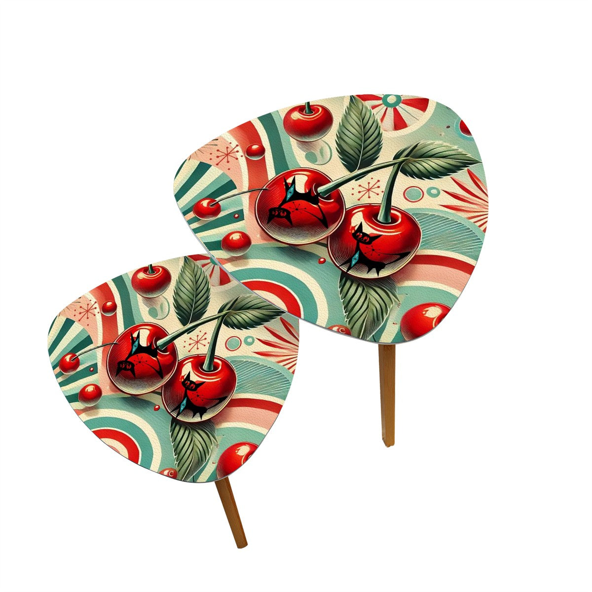 Retro 50s Cherry Mod Atomic Cats Kitschy Mod Red Teal Groovy MCM Nesting Tables - Mid Century Modern Gal