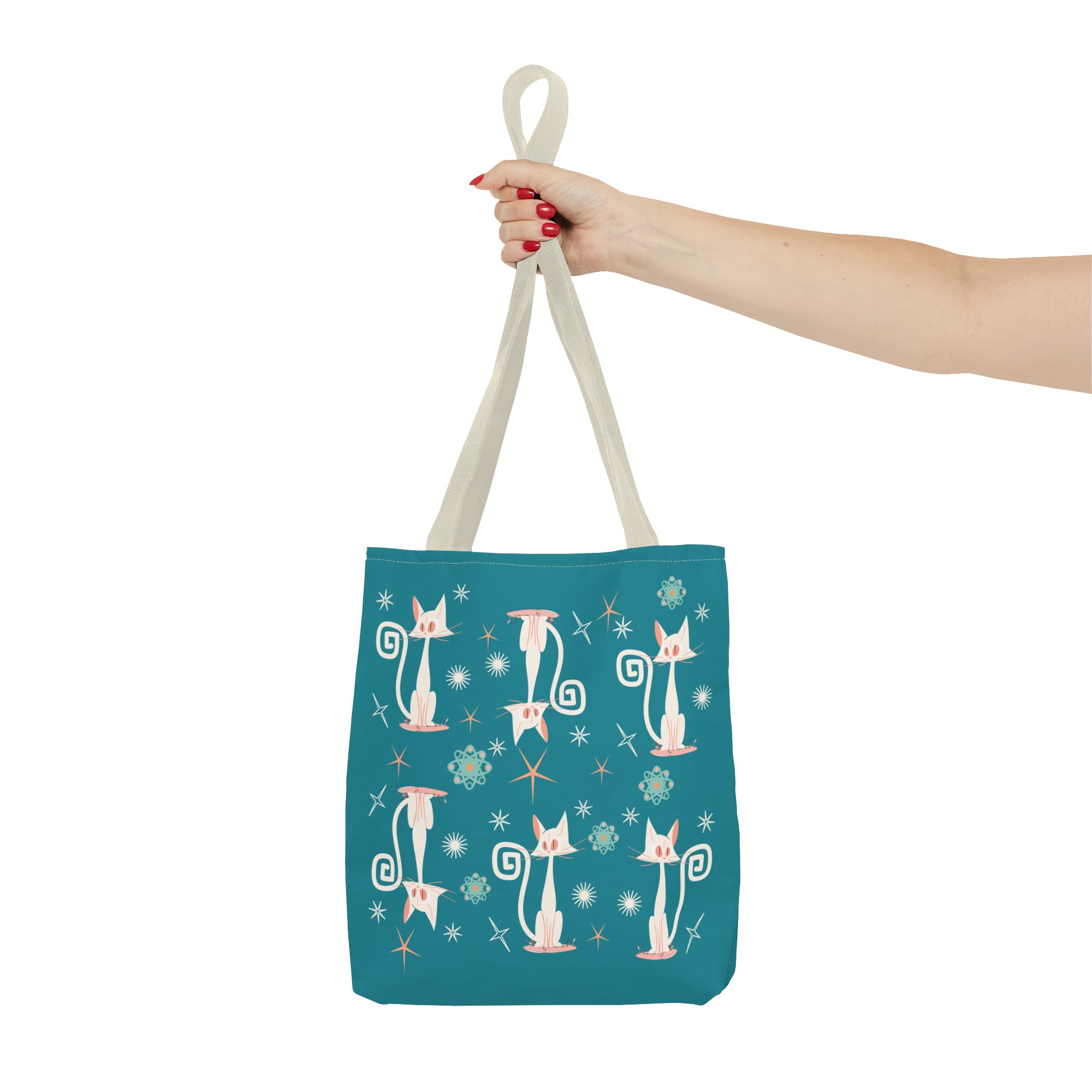 Atomic Kitties, White Kitschy Cats, Coral, Teal, Atomic Age Mid Century Modern Tote Bag - Mid Century Modern Gal