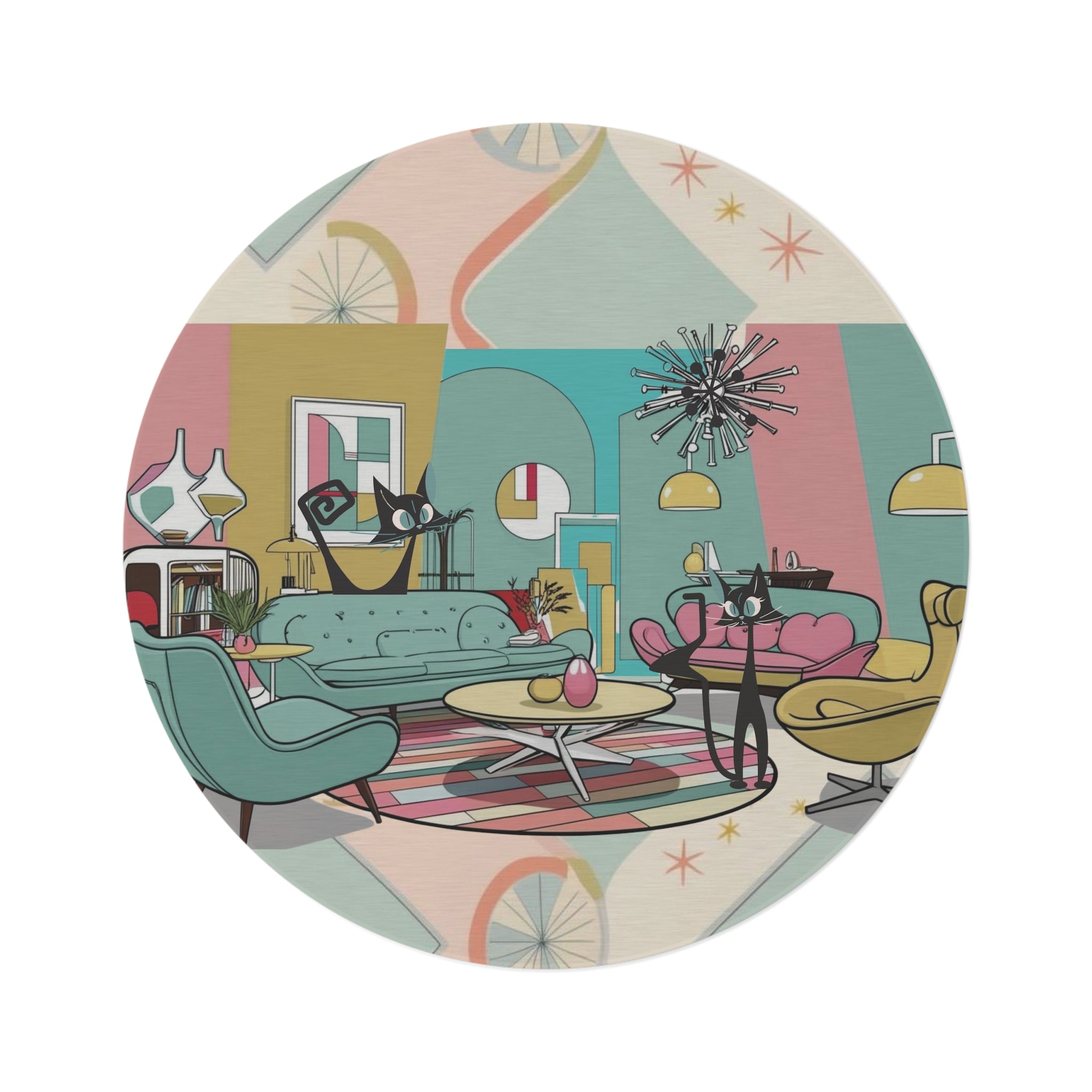Atomic Cats, Quirky Fun Kitschy Mod Mid-Century Modern Round Rug - Stylish Living Room Decor - Mid Century Modern Gal