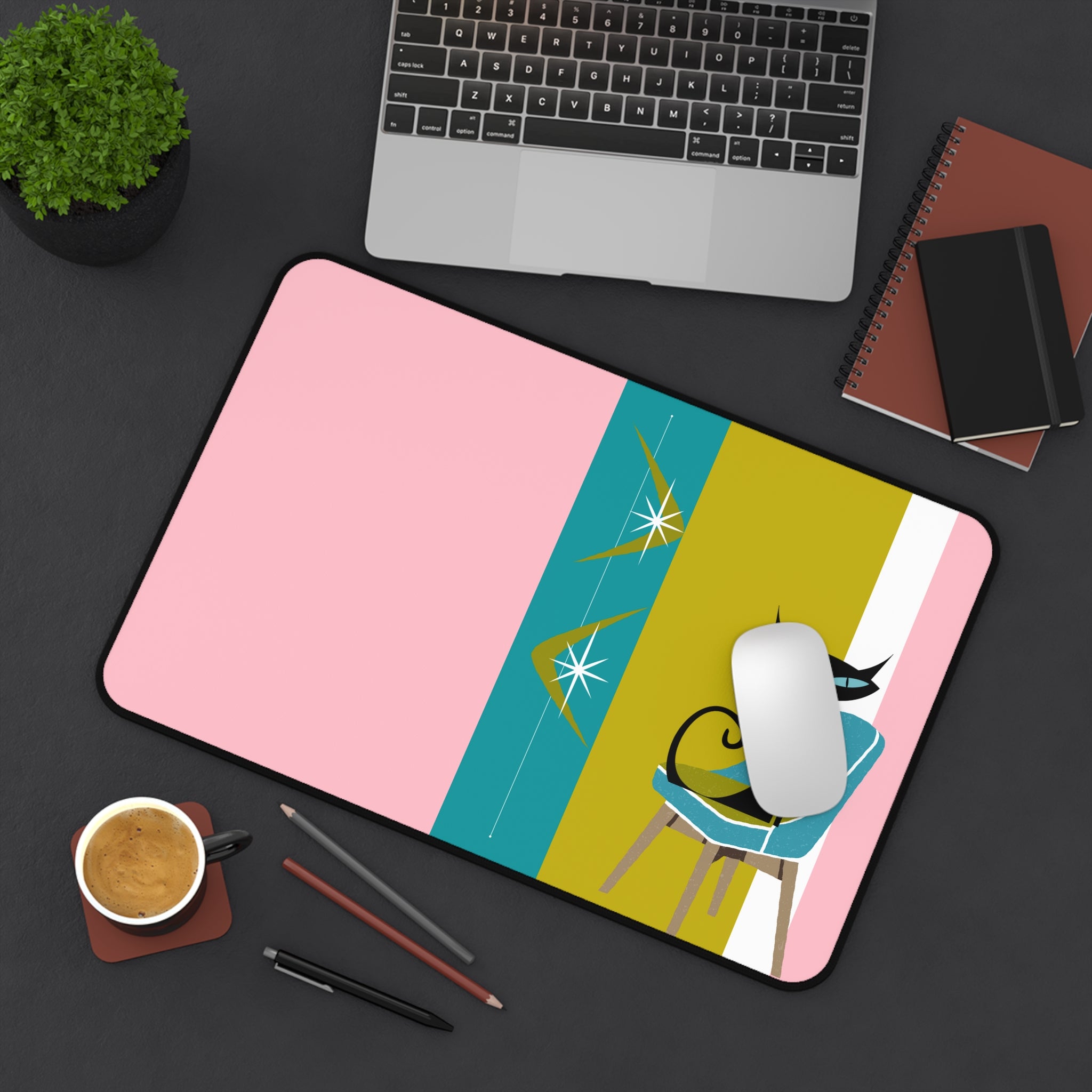 Atomic Cat Pink, Green, Teal Blue Retro Atomic Boomerang Desk Mat - Mid Century Modern Gal
