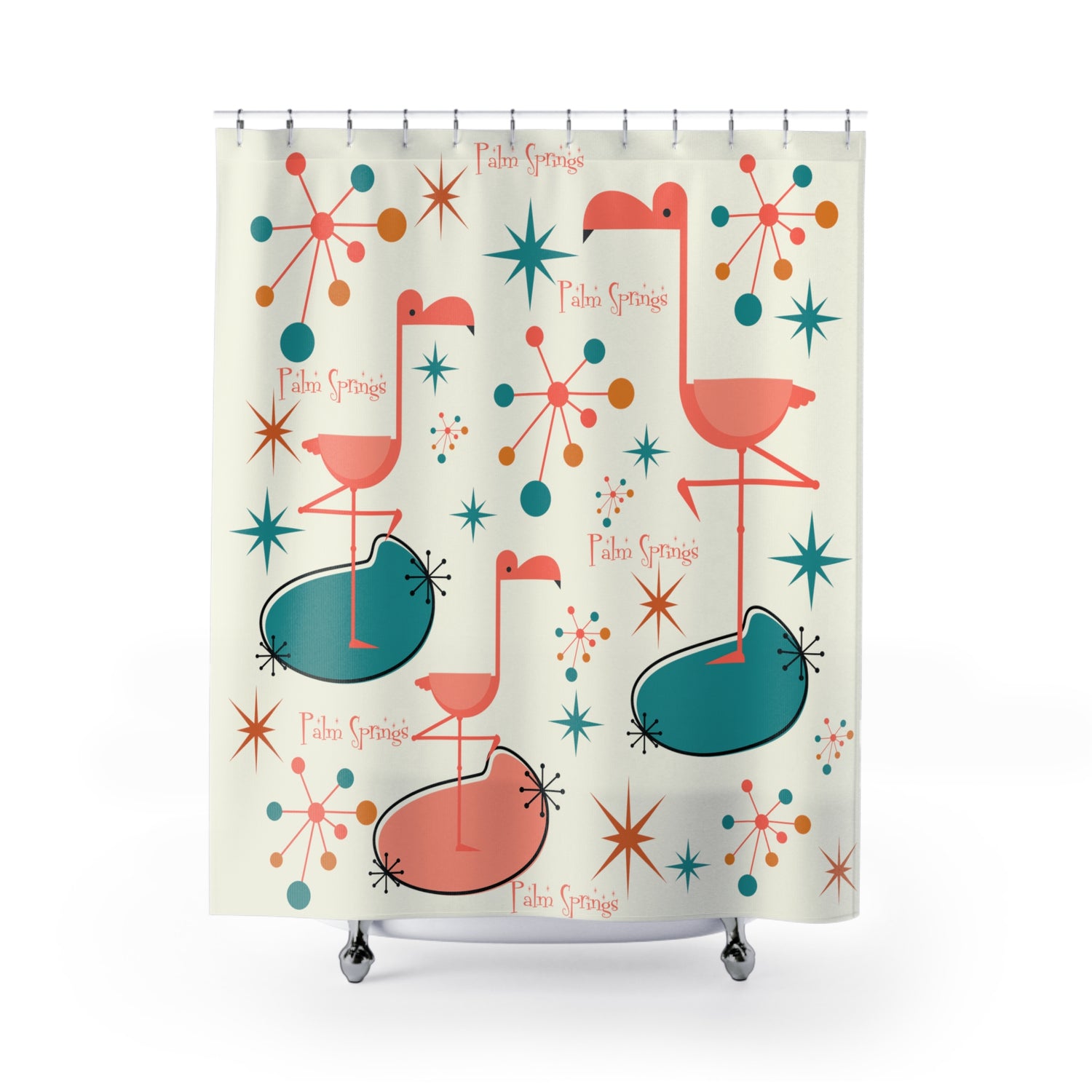 Palm Springs California, 50s Flamingo, Starburst Mid Century Modern Shower Curtain - Mid Century Modern Gal