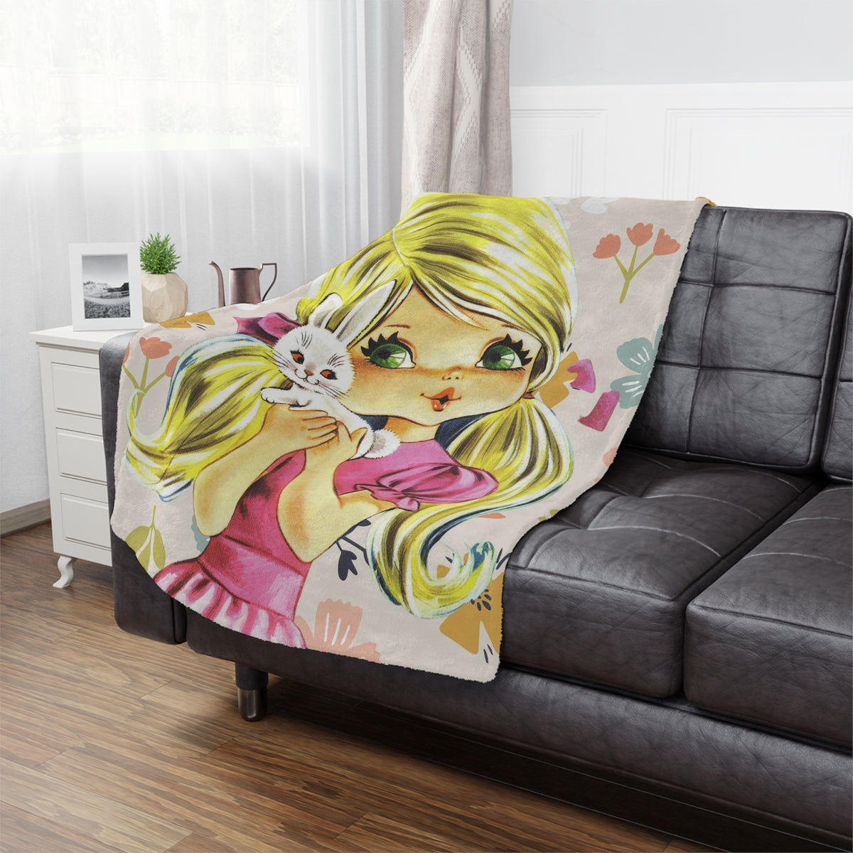 70's Retro Blanket, Blonde Haired, Big Green Eyes, Pretty Girl, Flower Power, Groovy Flowers, Girl With Bunny, Sweet, Simple Minky Blanket - Mid Century Modern Gal