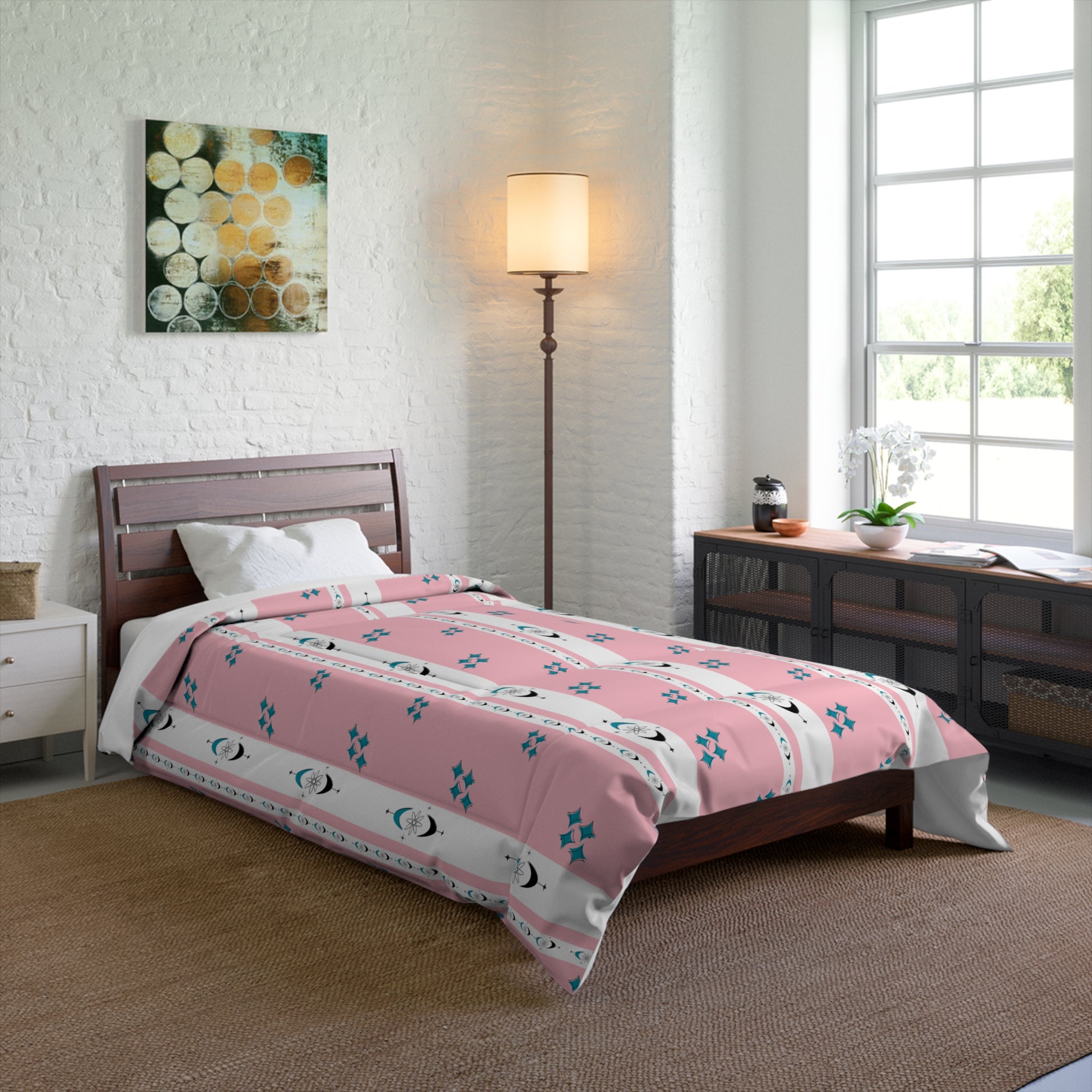 Atomic 50s Pink, Starbursts, Mid ModChic Comforter with Pink and Teal Pattern for Cozy Bedrooms - Mid Century Modern Gal