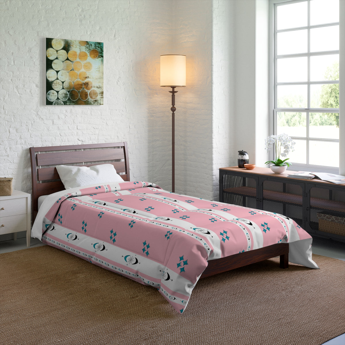 Atomic 50s Pink, Starbursts, Mid ModChic Comforter with Pink and Teal Pattern for Cozy Bedrooms - Mid Century Modern Gal