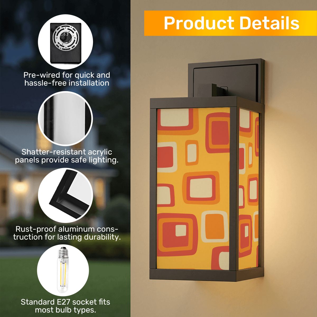 Mid Mod Geometric Yellow, Orange Retro Wall Sconce, Indoor Outdoor Entry Patio Wall Light - Mid Century Modern Gal