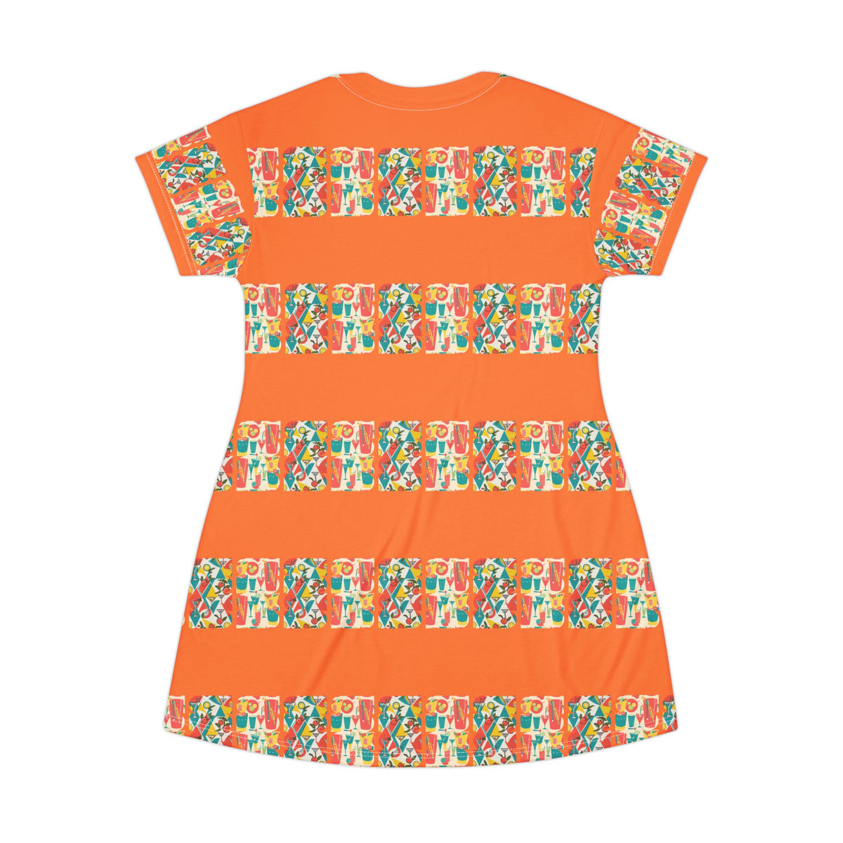 Atomic 60s Mod Gal, Cocktail Hour Retro Vibes T-Shirt Dress With Colorful Print - Mid Century Modern Gal