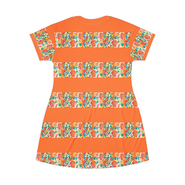 Atomic 60s Mod Gal, Cocktail Hour Retro Vibes T-Shirt Dress With Colorful Print