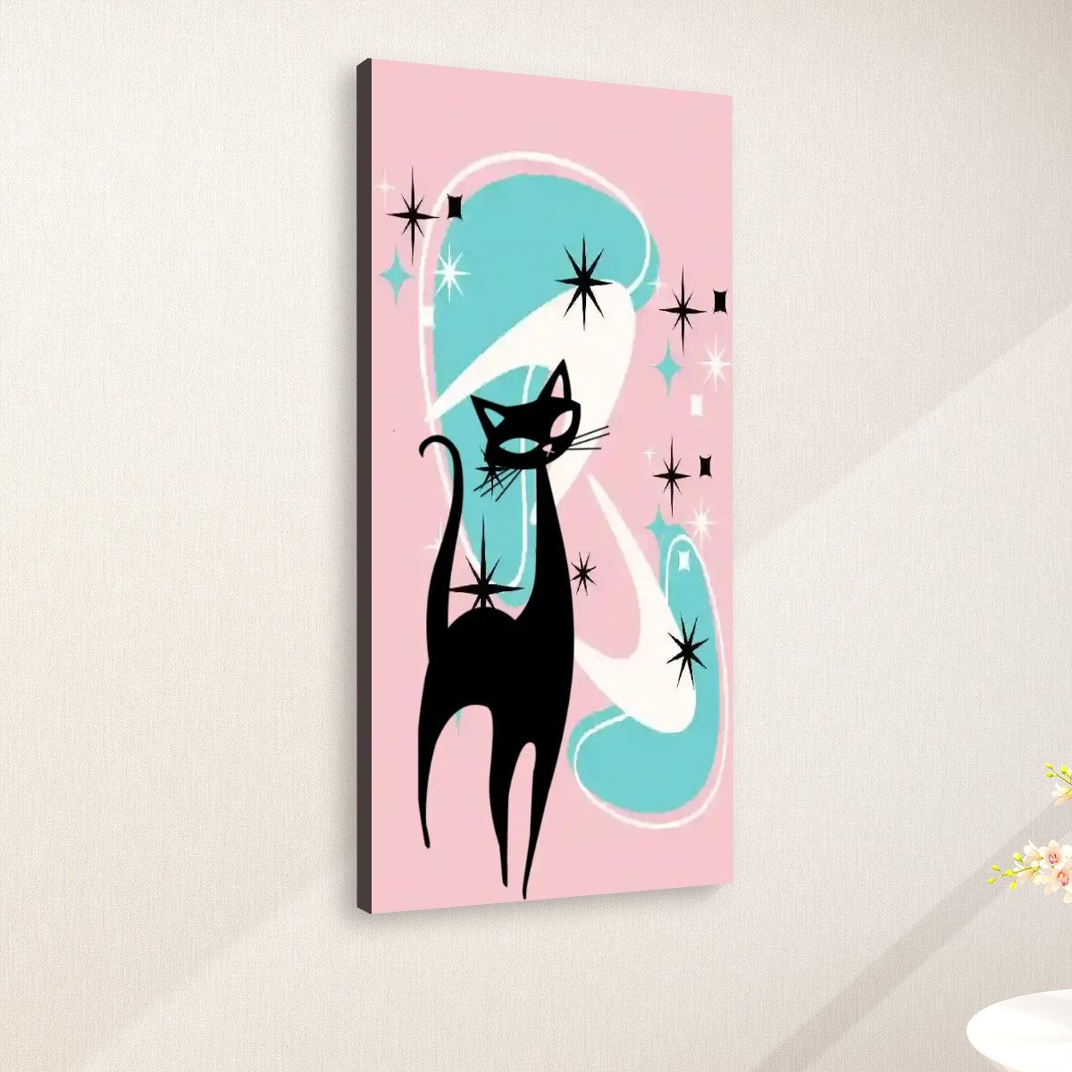 Atomic Cat Wall Art, Mid Century Modern Boomerang, Pink Aqua Large Canvas Print - Mid Century Modern Gal