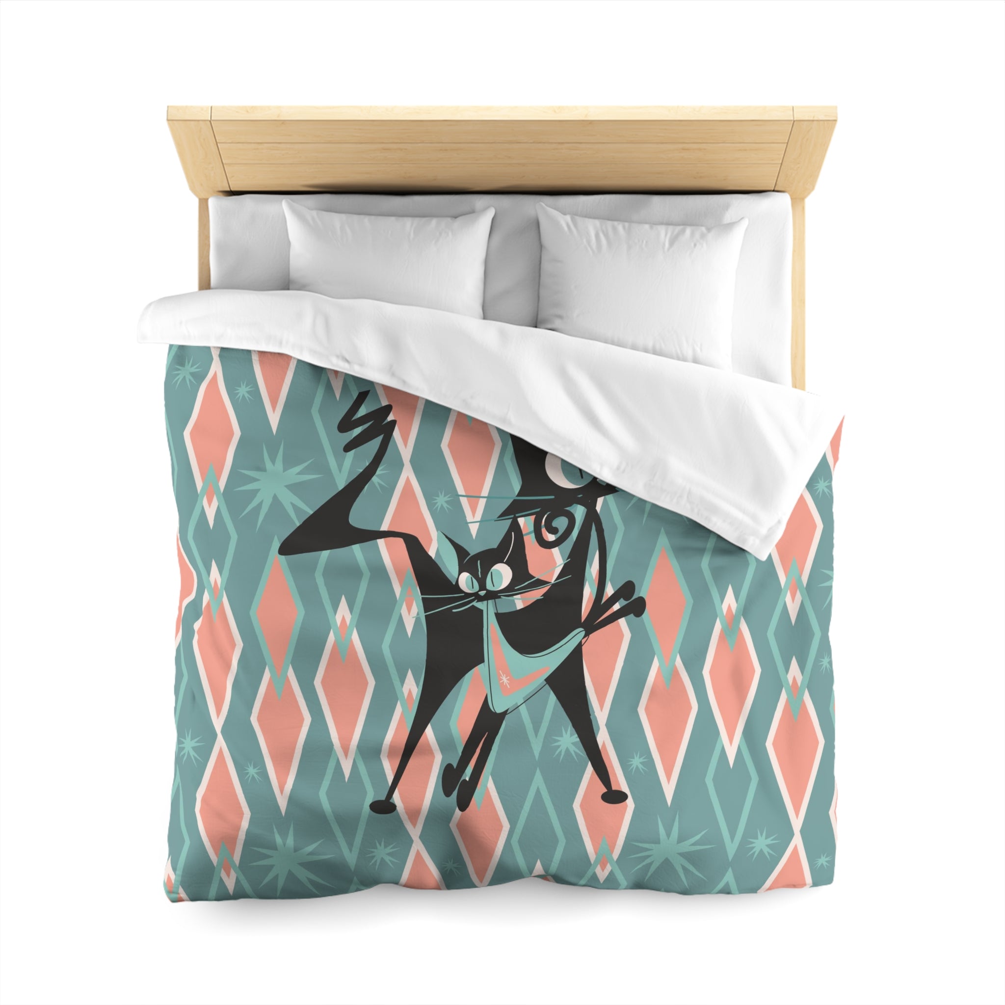 Atomic Cats Bedding, Pink, Aqua Harlequin Diamonds, Mid Century Moden Duvet Cover - Mid Century Modern Gal