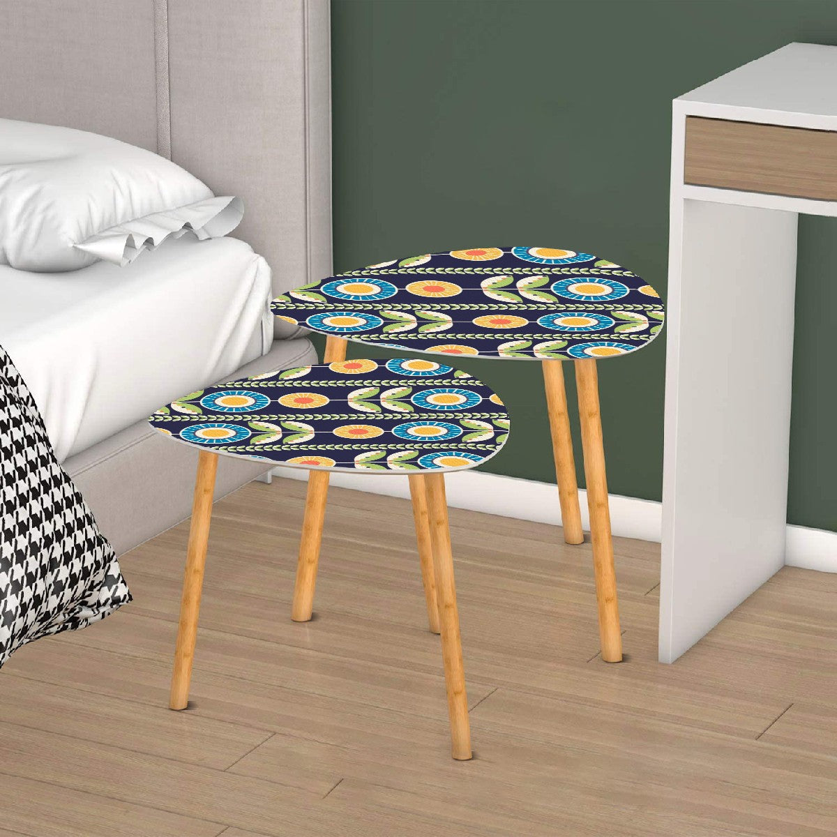 Modern Scandinavian Flower Blue, Orange Yellow Green Mid Century Modern Nesting Tables - Mid Century Modern Gal