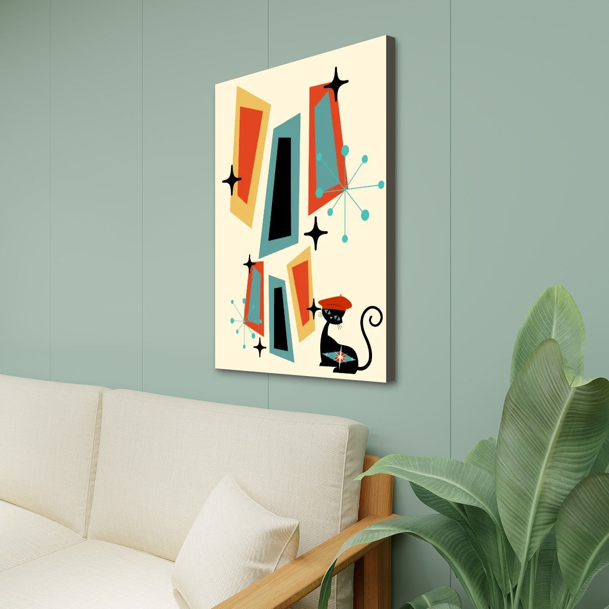 Mid Century Modern Atomic Cat Wall Art, Geometric Mod Canvas - Mid Century Modern Gal